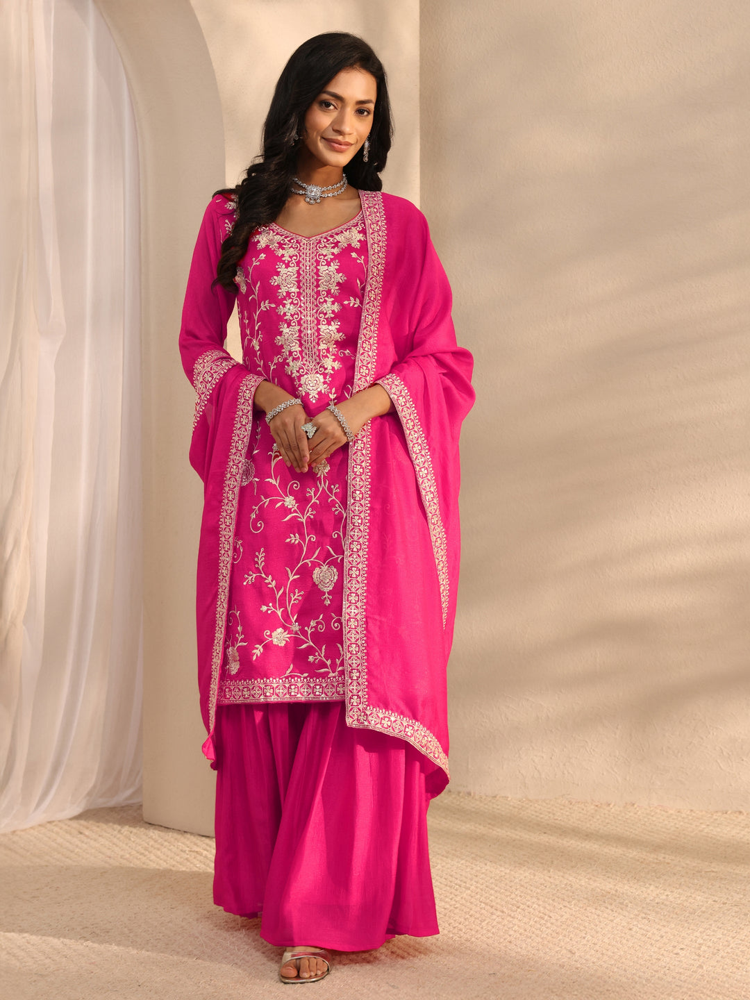  Pink Embroidered Silk Blend Sharara Suit Set With Dupatta 