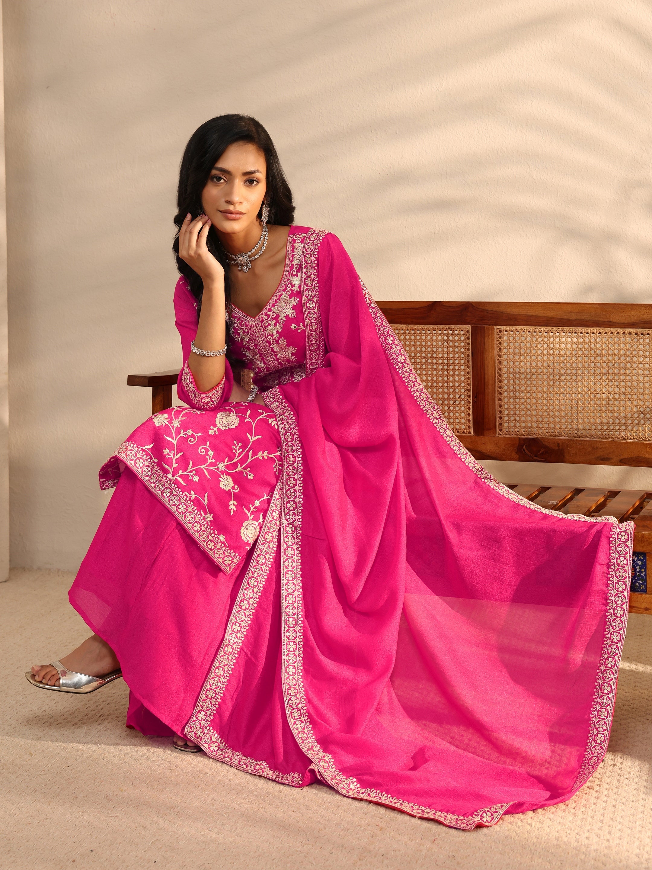 libas Pink Embroidered Silk Blend Sharara Suit Set With Dupatta-picture-34