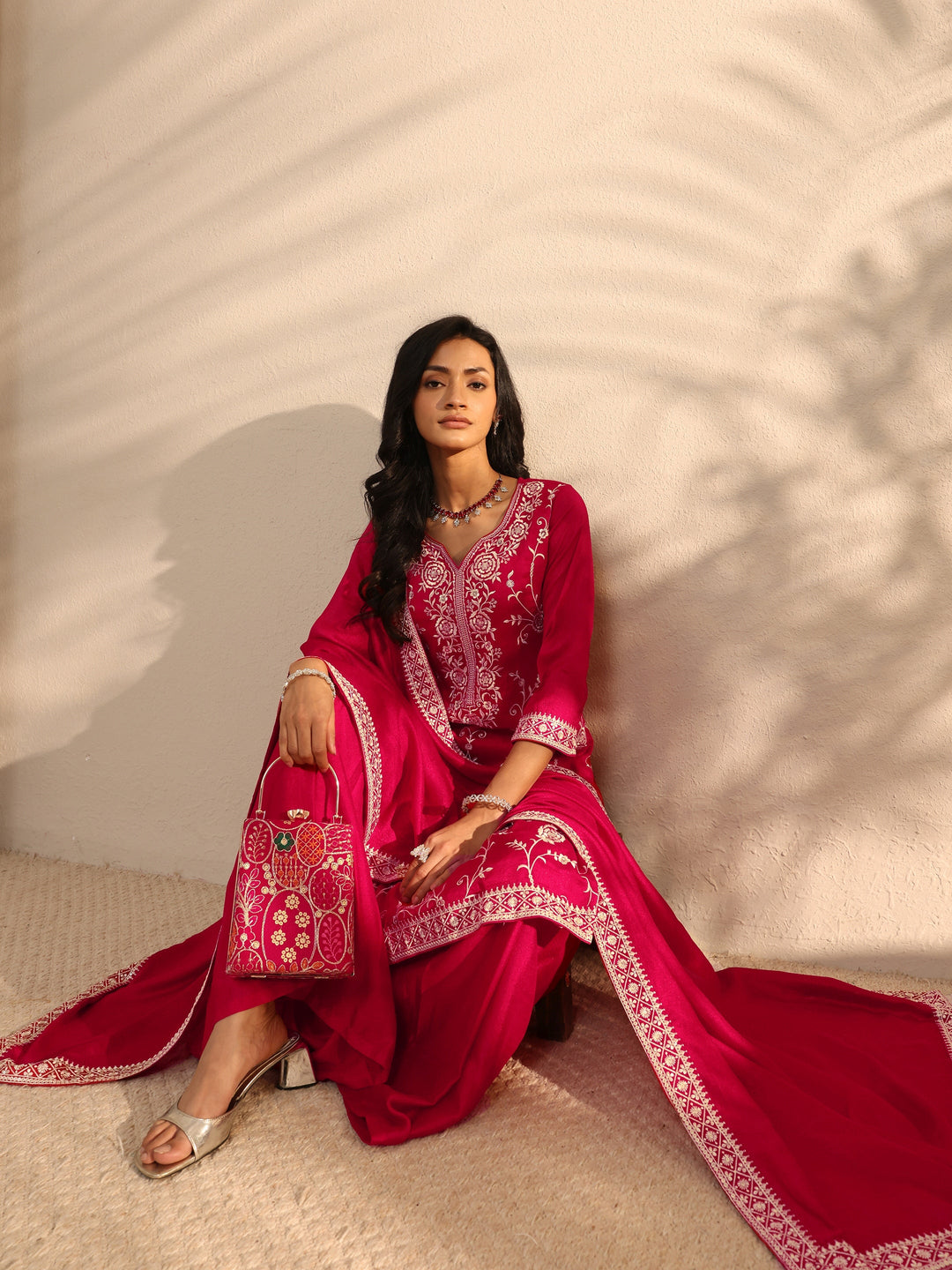Red Embroidered Silk Blend Sharara Suit Set With Dupatta