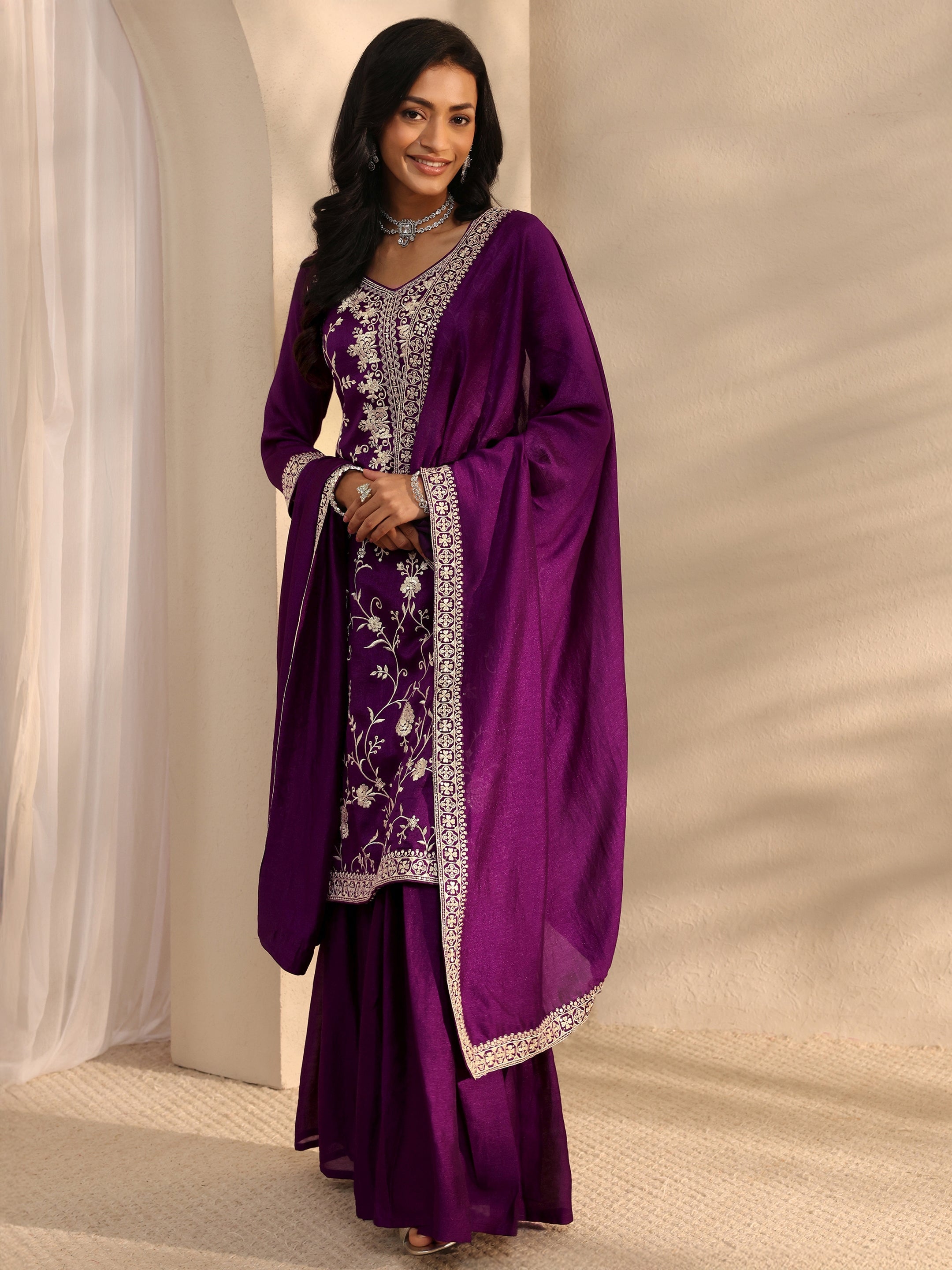 Purple Embroidered Silk Blend Sharara Suit Set With Dupatta-image-40