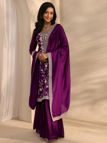 Purple Embroidered Silk Blend Sharara Suit Set With Dupatta