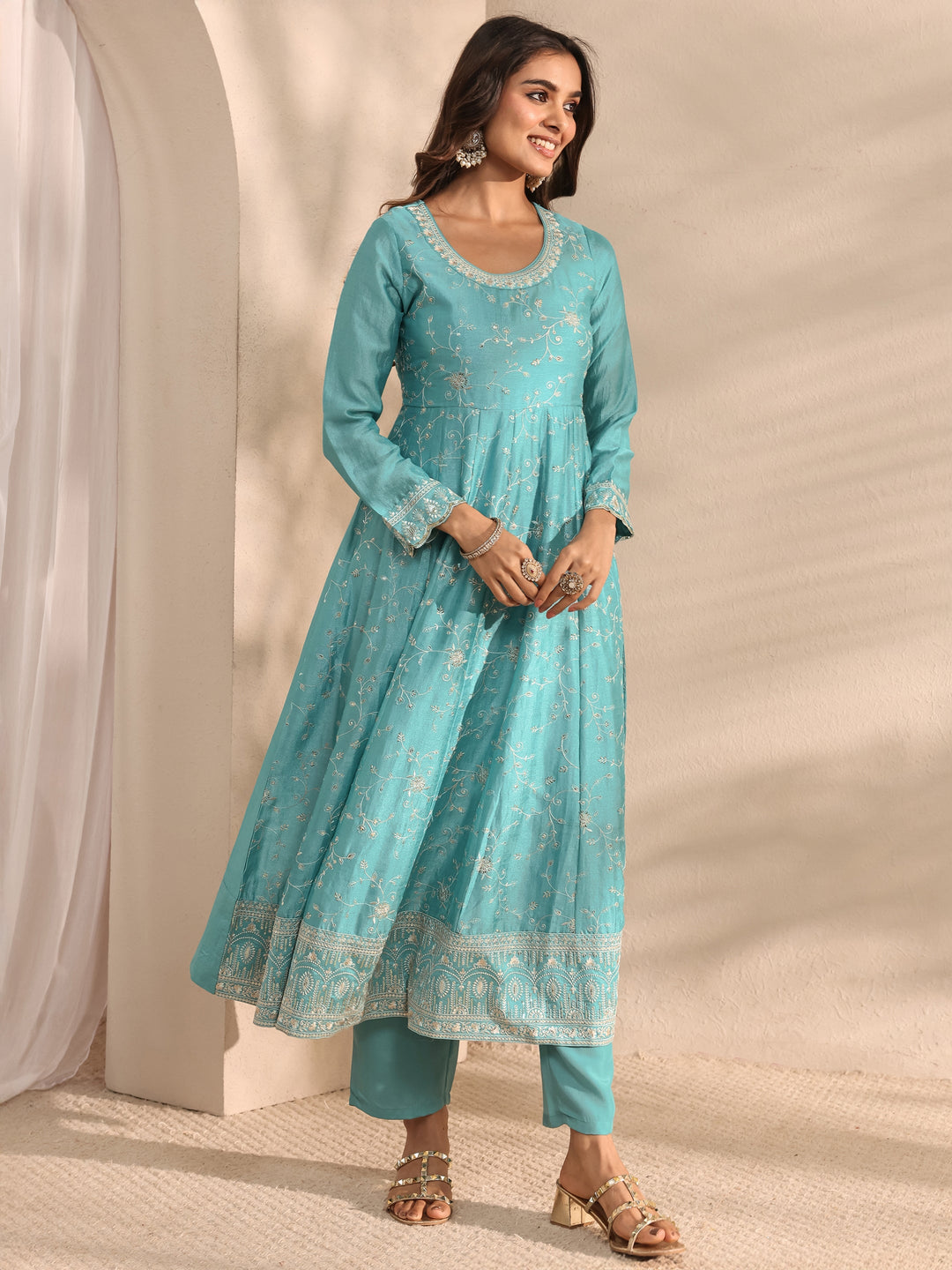  Blue Embellished Silk Blend Anarkali Suit Set With Dupatta 