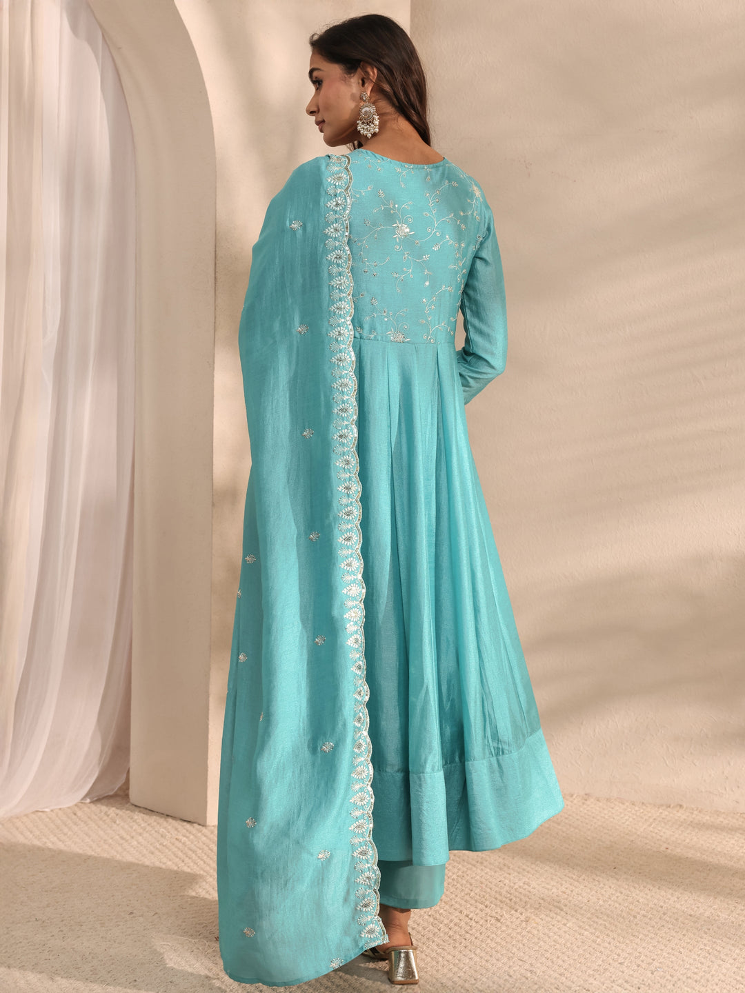  Blue Embellished Silk Blend Anarkali Suit Set With Dupatta 