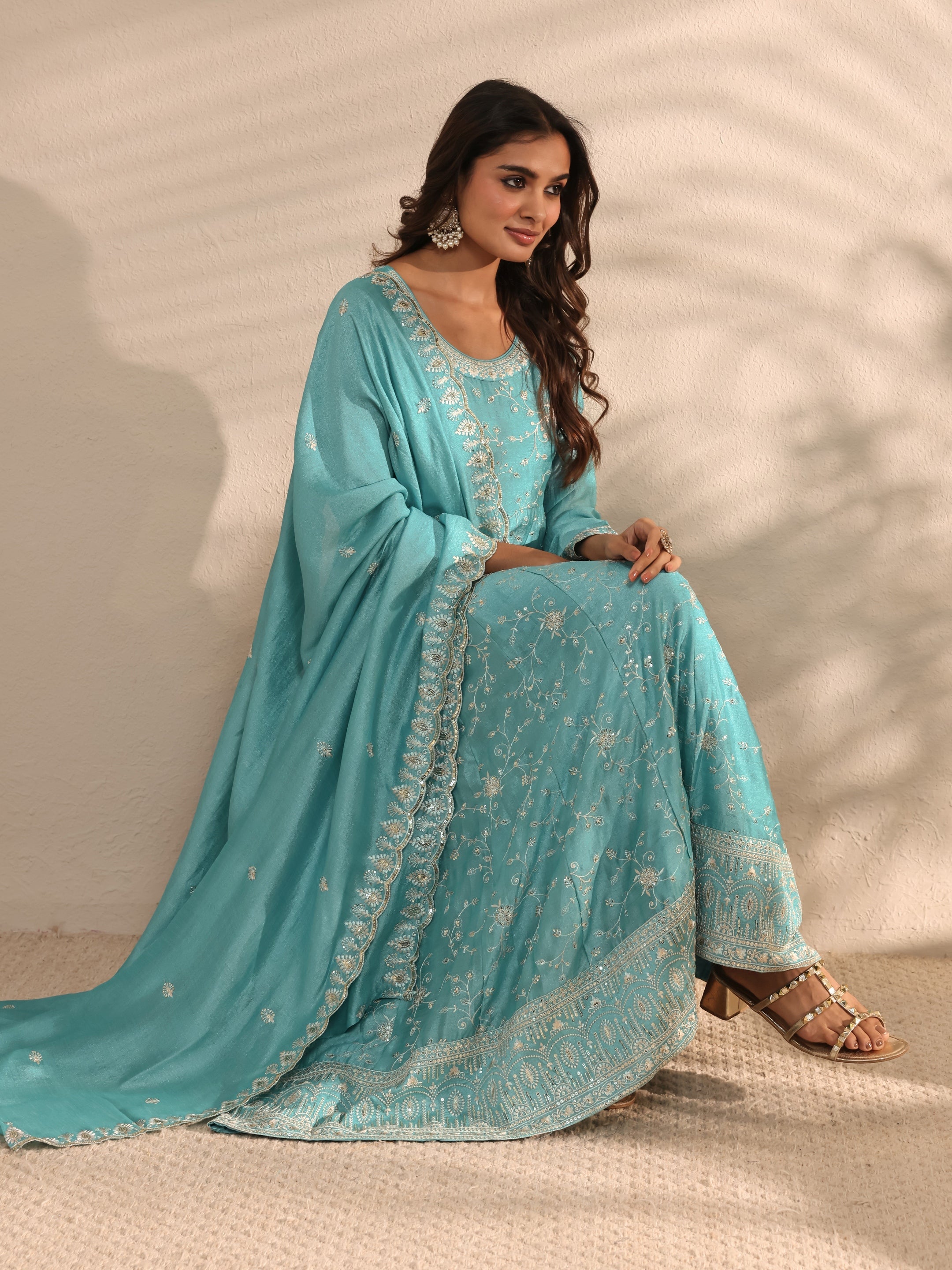 Blue Embellished Silk Blend Anarkali Suit Set With Dupatta-image-17