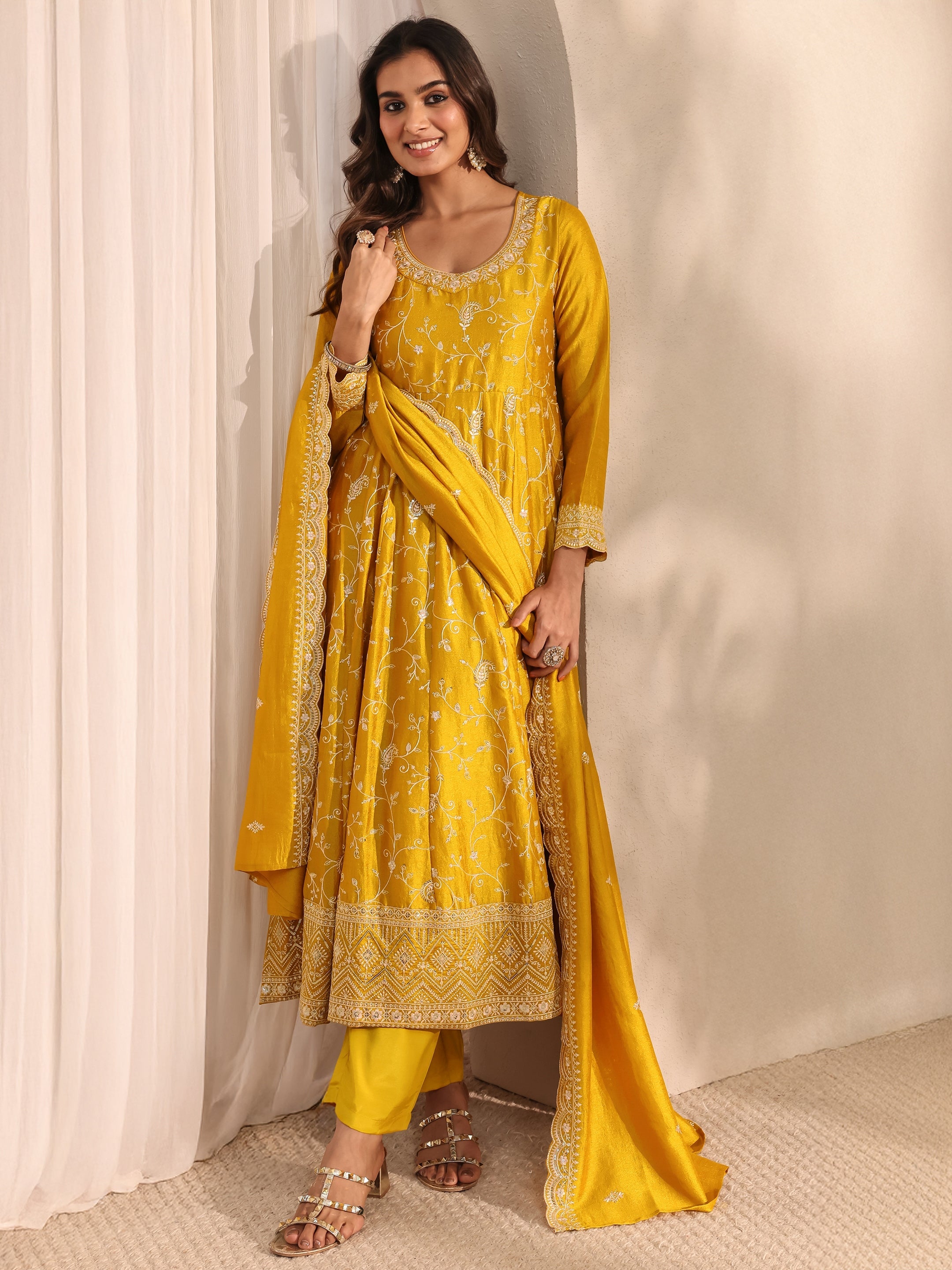 Mustard Embellished Silk Blend Anarkali Suit Set With Dupatta-image-9