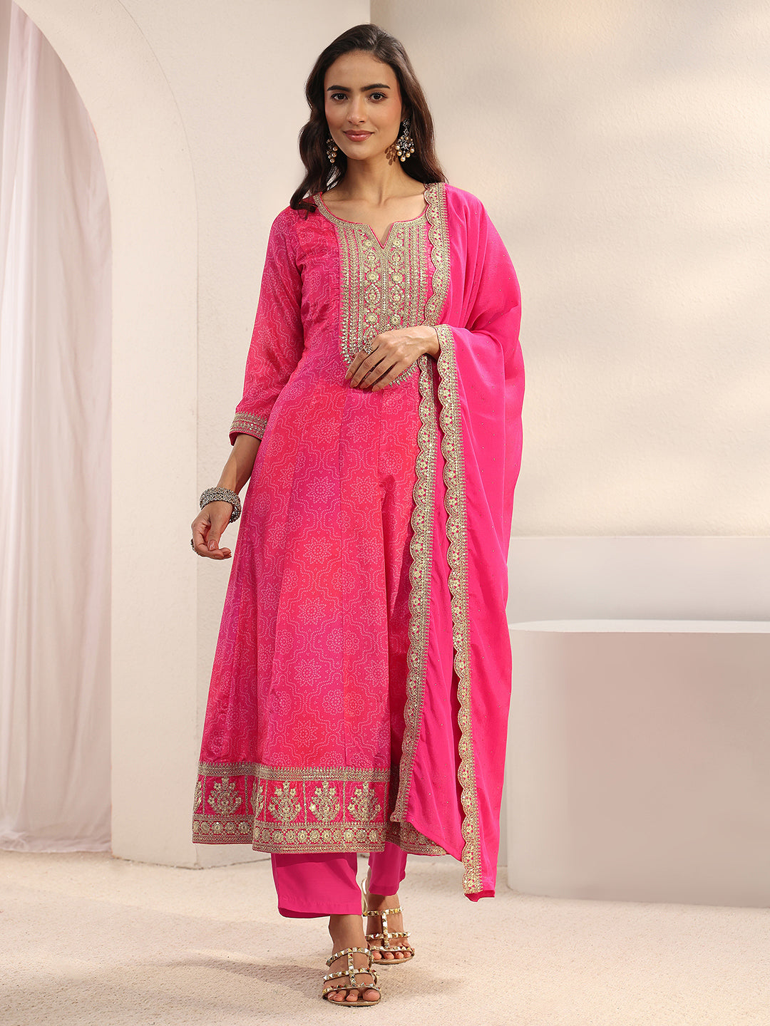  Pink Bandhani Printed Chinon Anarkali Suit Set With Dupatta 