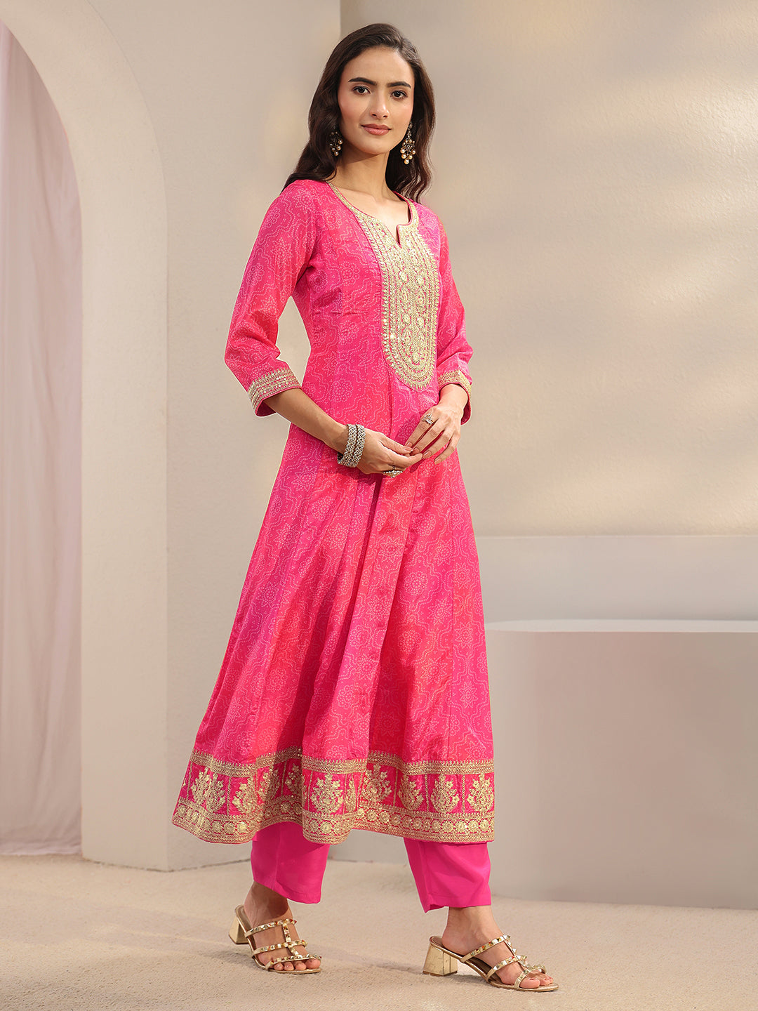  Pink Bandhani Printed Chinon Anarkali Suit Set With Dupatta 