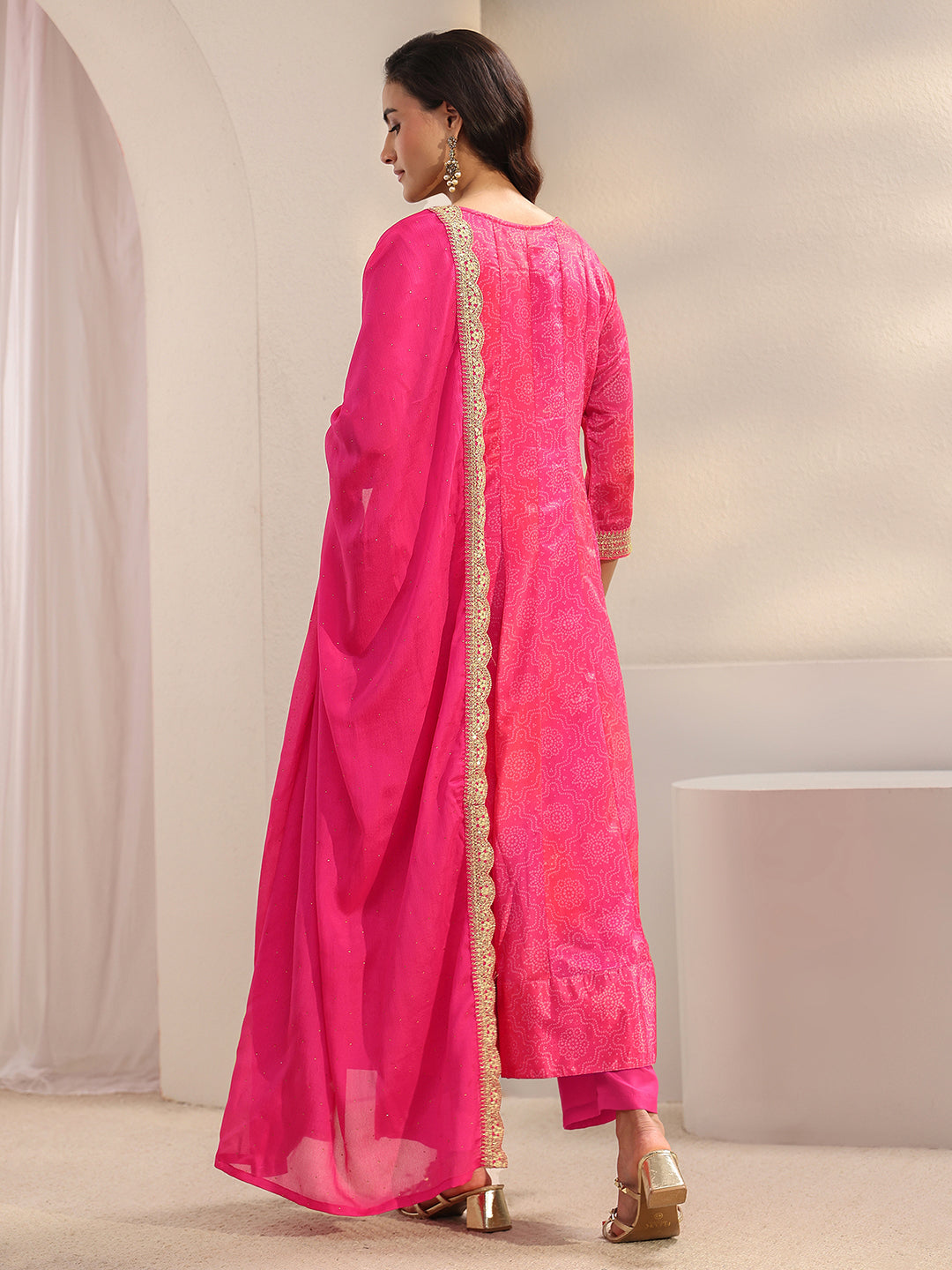  Pink Bandhani Printed Chinon Anarkali Suit Set With Dupatta 