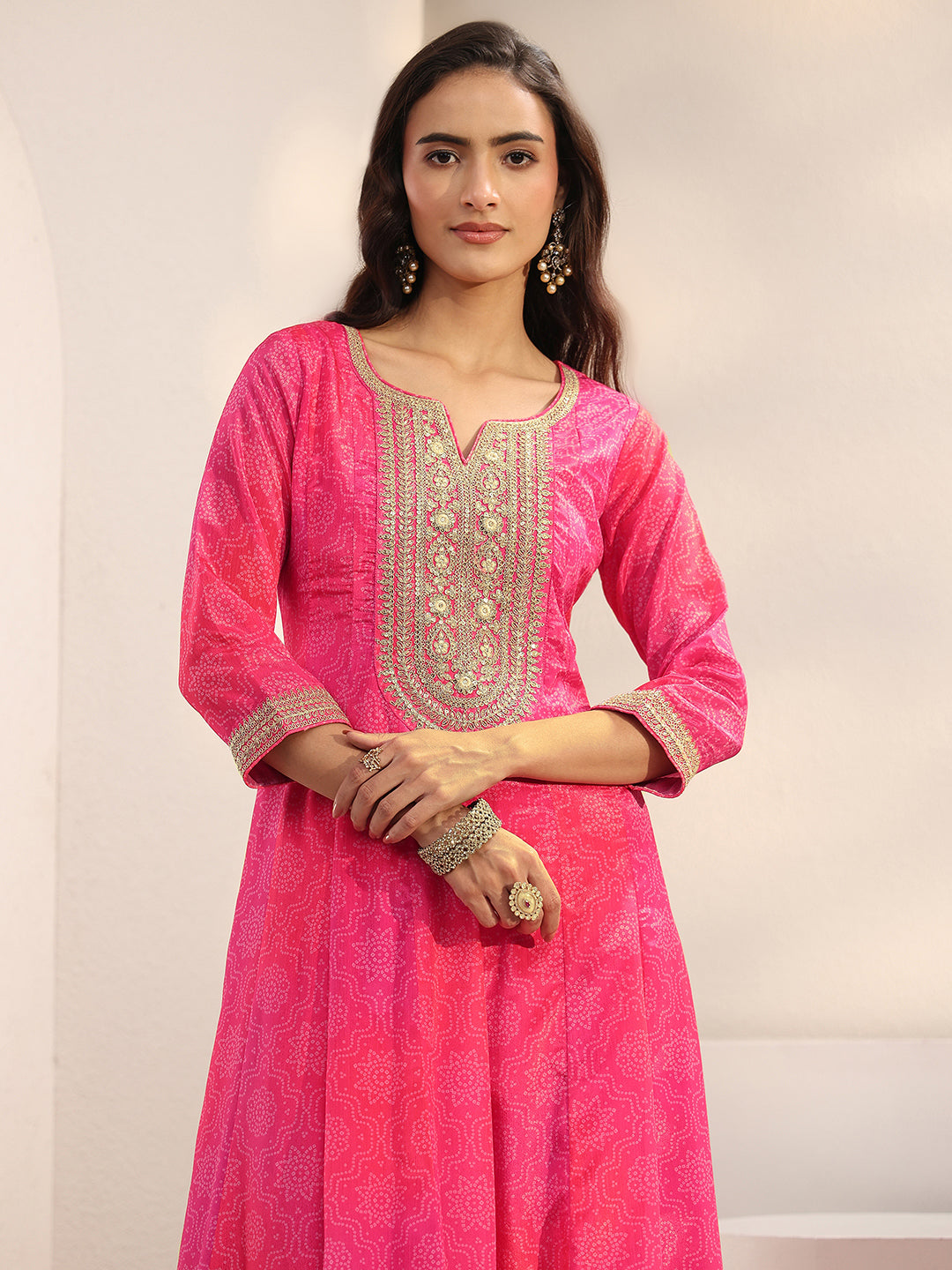  Pink Bandhani Printed Chinon Anarkali Suit Set With Dupatta 
