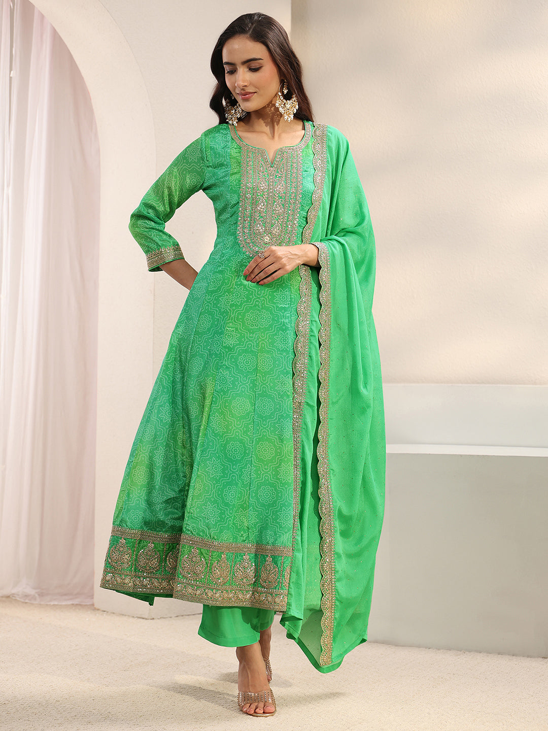  Green Bandhani Printed Chinon Anarkali Suit Set With Dupatta 
