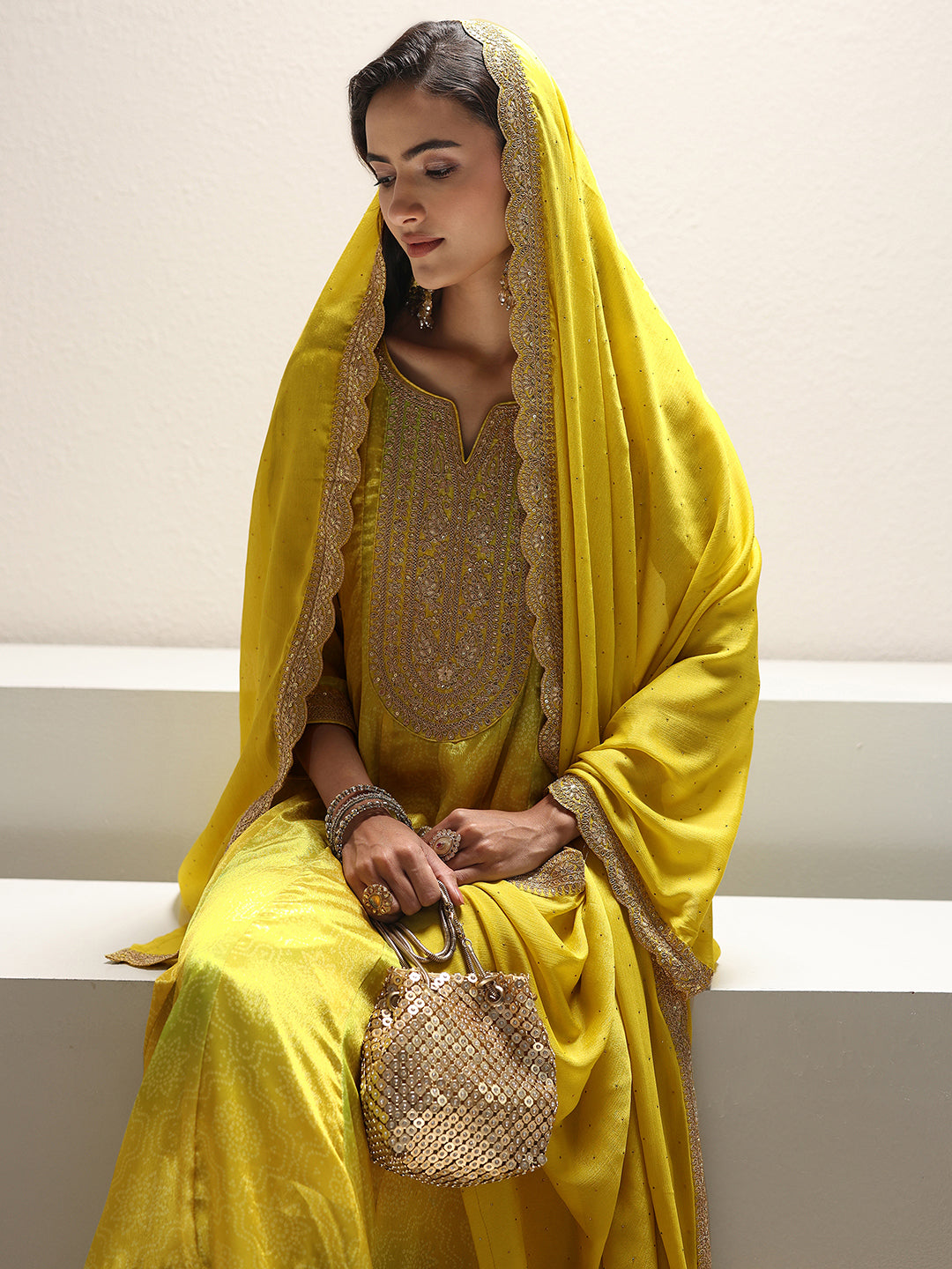  Lime Green Bandhani Printed Chinon Anarkali Suit Set With Dupatta 