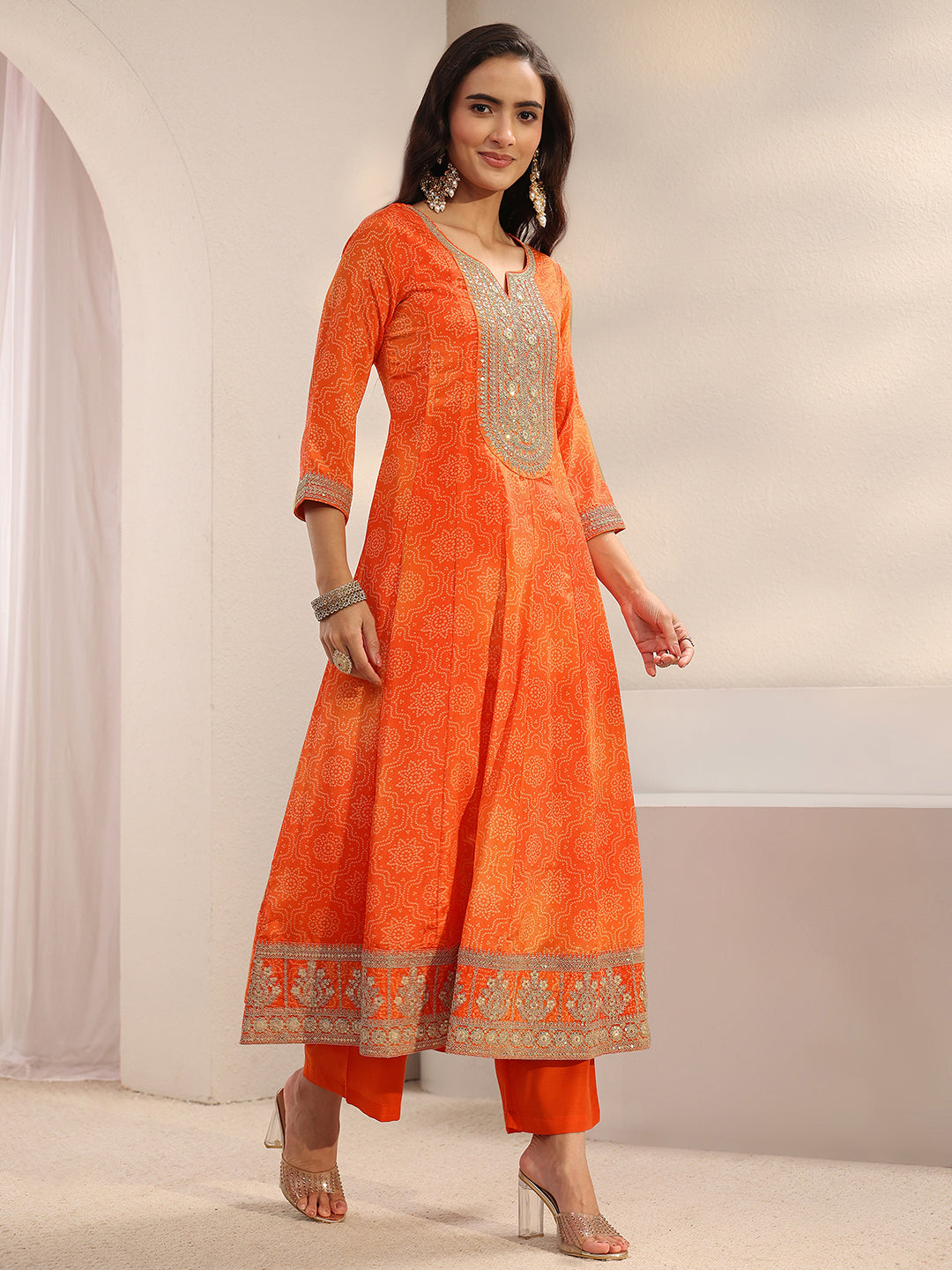  Orange Bandhani Printed Chinon Anarkali Suit Set With Dupatta 