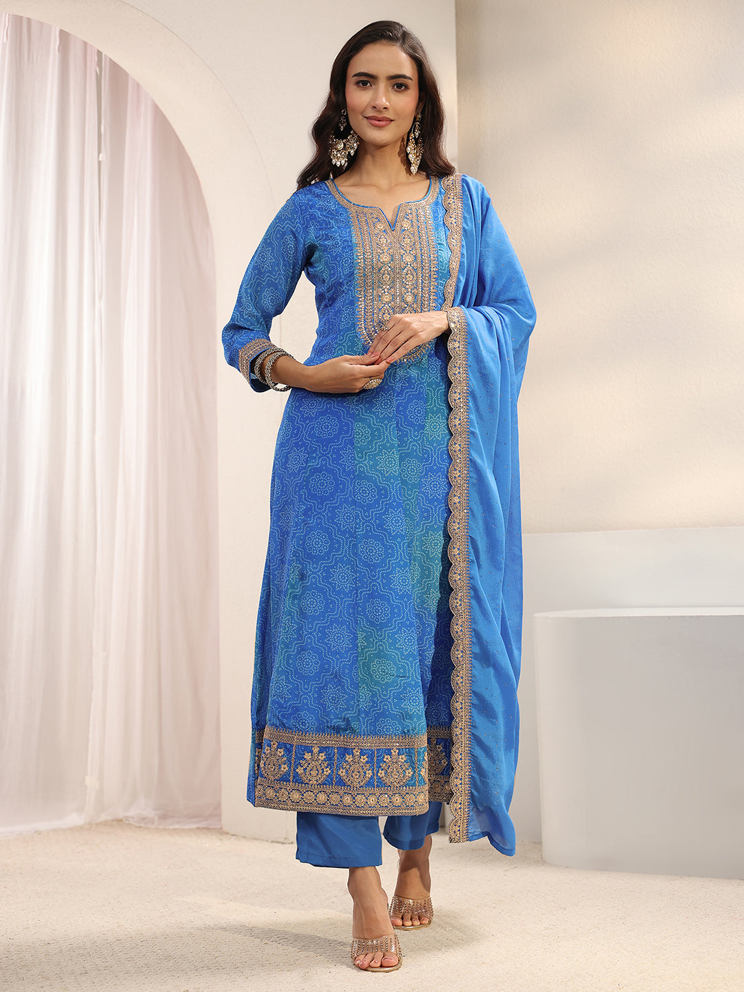  Blue Bandhani Printed Chinon Anarkali Suit Set With Dupatta 