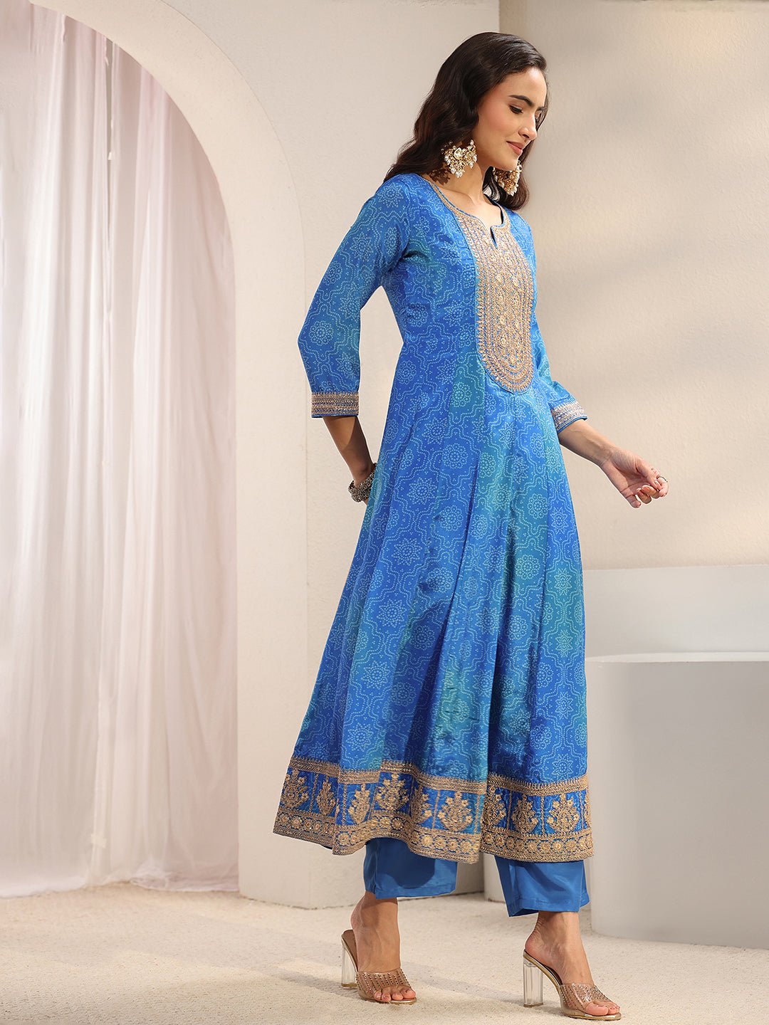  Blue Bandhani Printed Chinon Anarkali Suit Set With Dupatta 