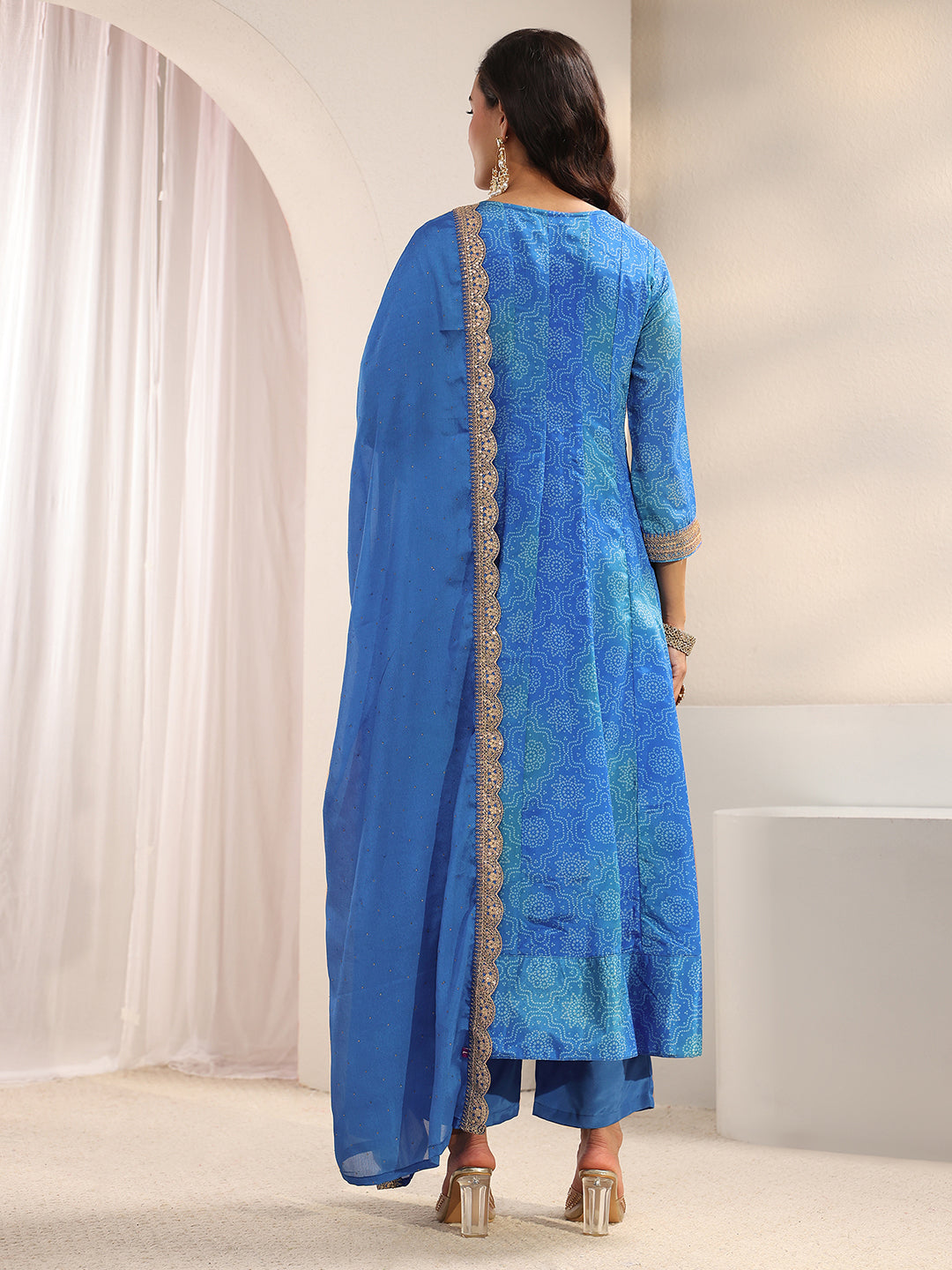  Blue Bandhani Printed Chinon Anarkali Suit Set With Dupatta 