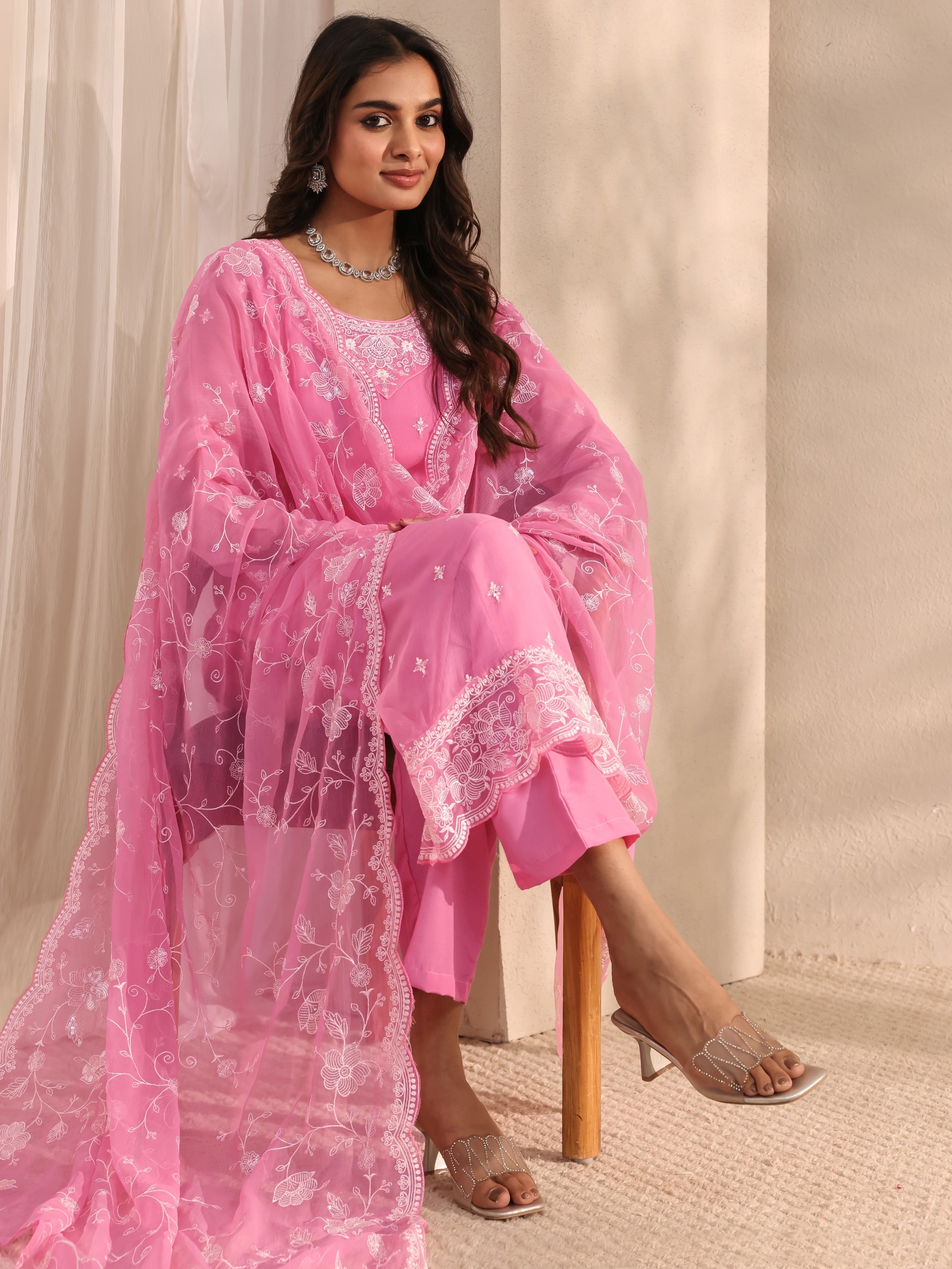 libas Pink Embroidered Chiffon Straight Suit Set With Dupatta-picture-62