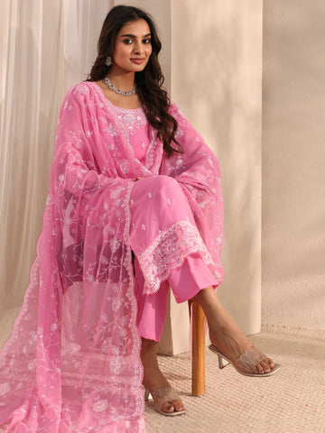 Pink Embroidered Chiffon Straight Suit Set With Dupatta