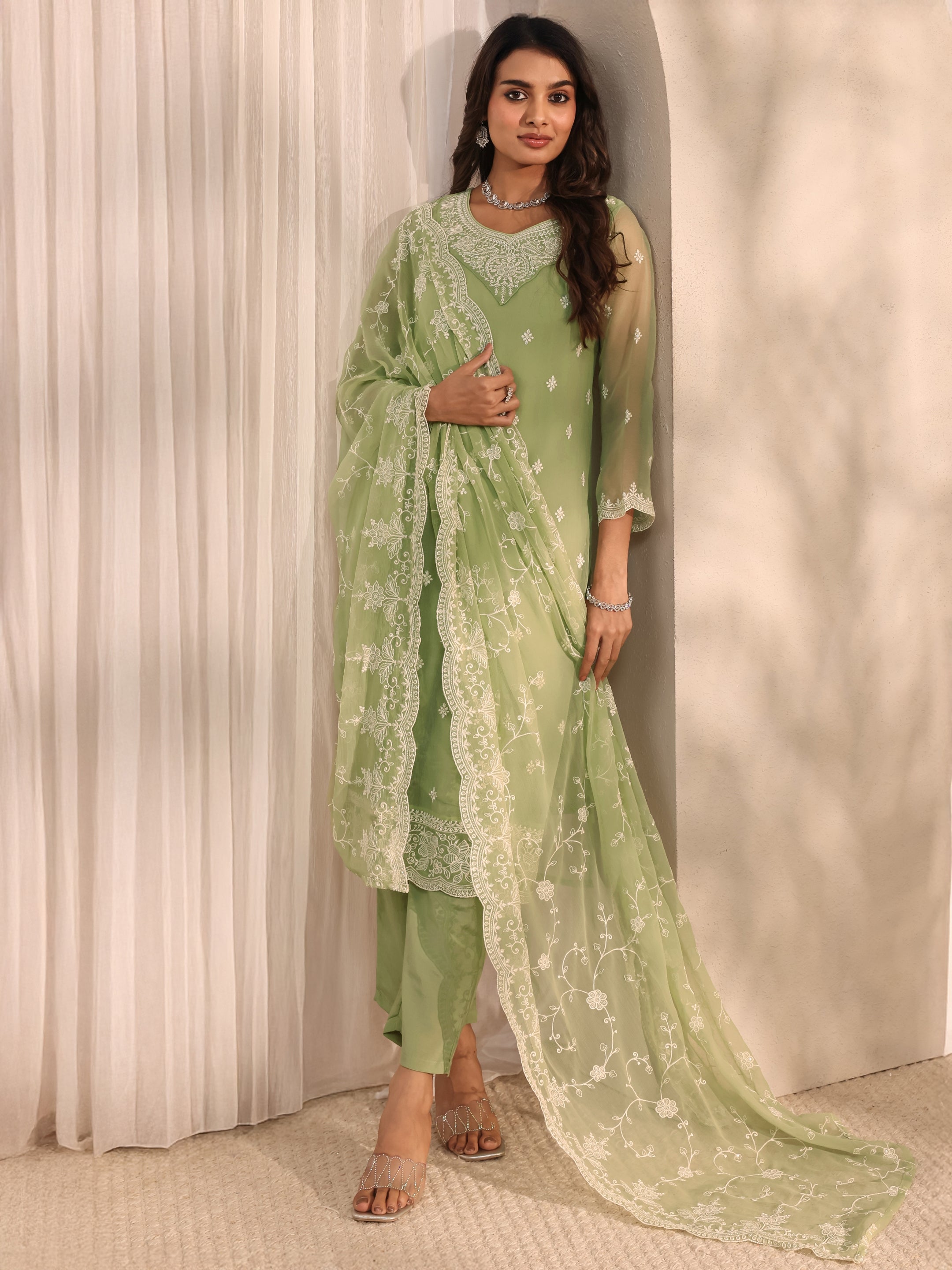 libas Green Embroidered Chiffon Straight Suit Set With Dupatta-picture-22