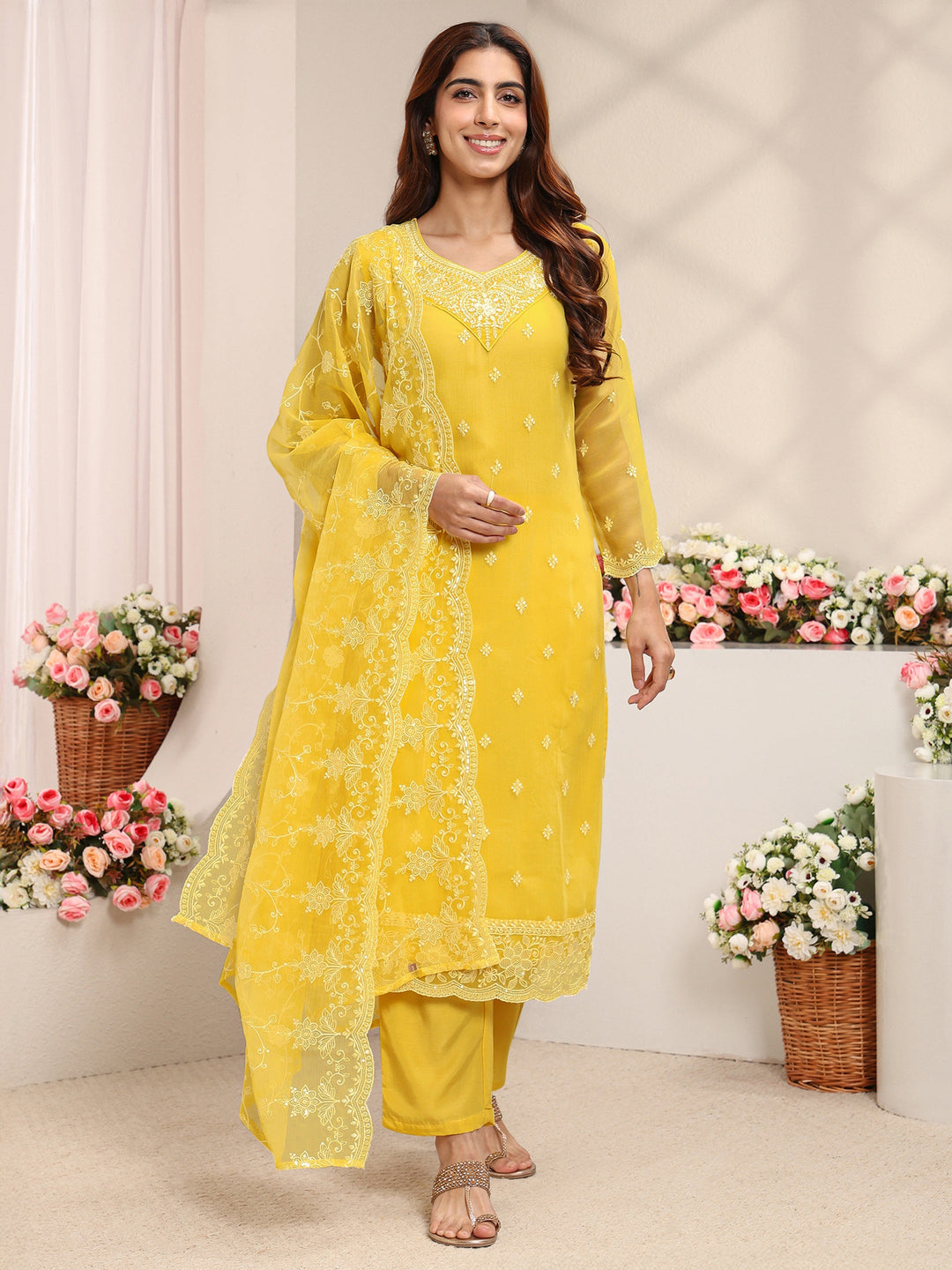  Yellow Floral Embroidered Chiffon Straight Suit Set With Dupatta 