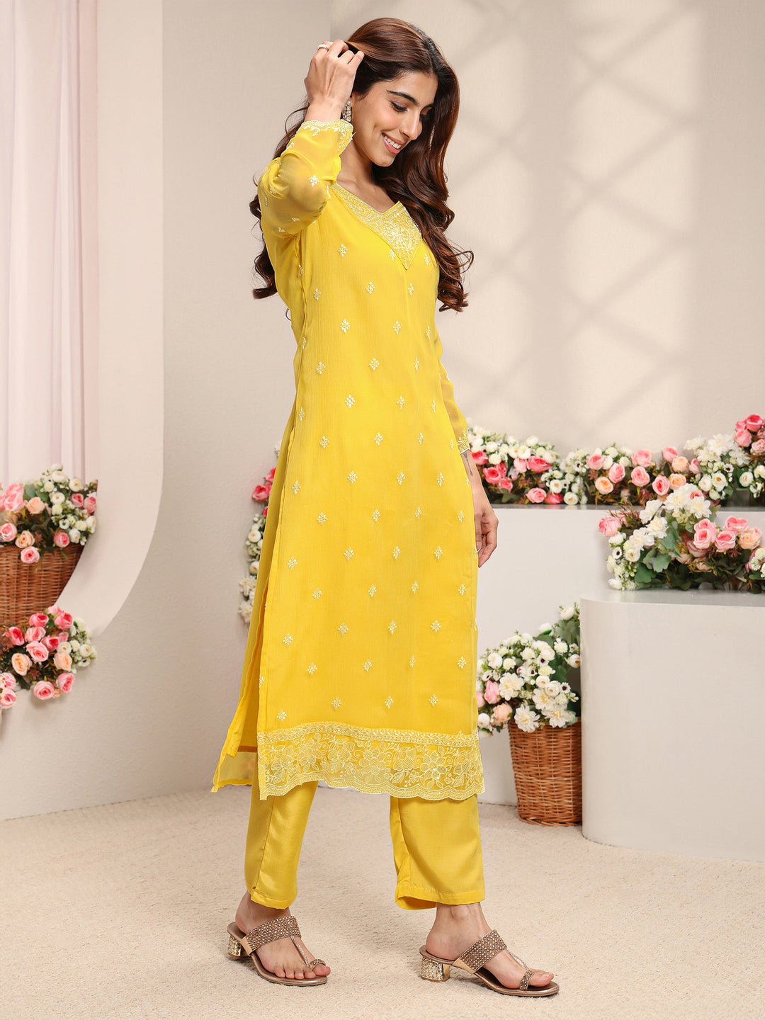  Yellow Floral Embroidered Chiffon Straight Suit Set With Dupatta 