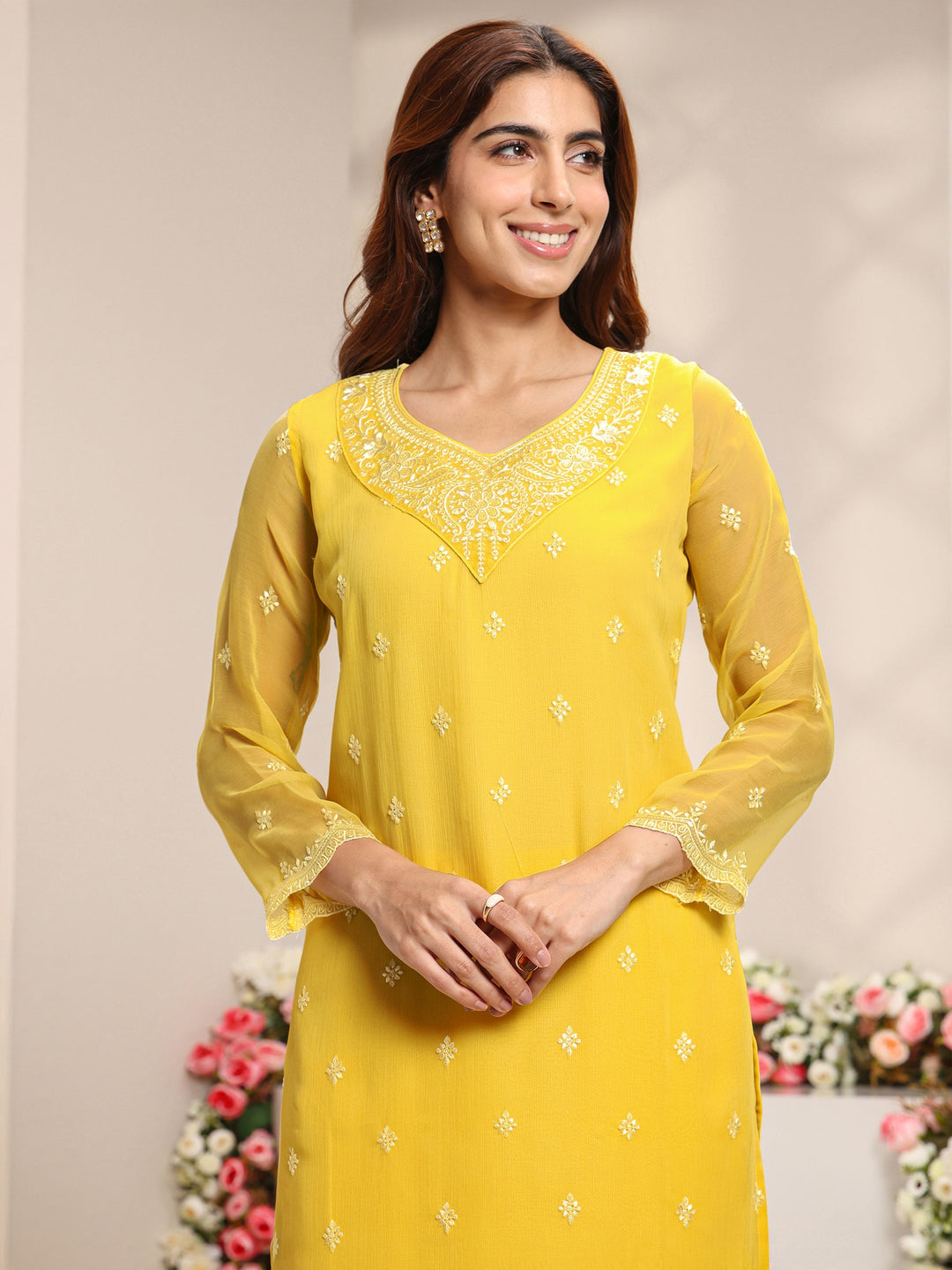  Yellow Floral Embroidered Chiffon Straight Suit Set With Dupatta 