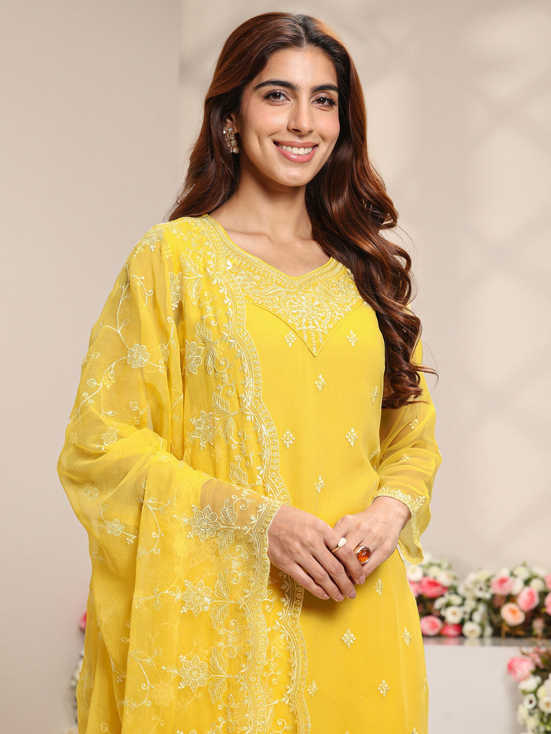  Yellow Floral Embroidered Chiffon Straight Suit Set With Dupatta 