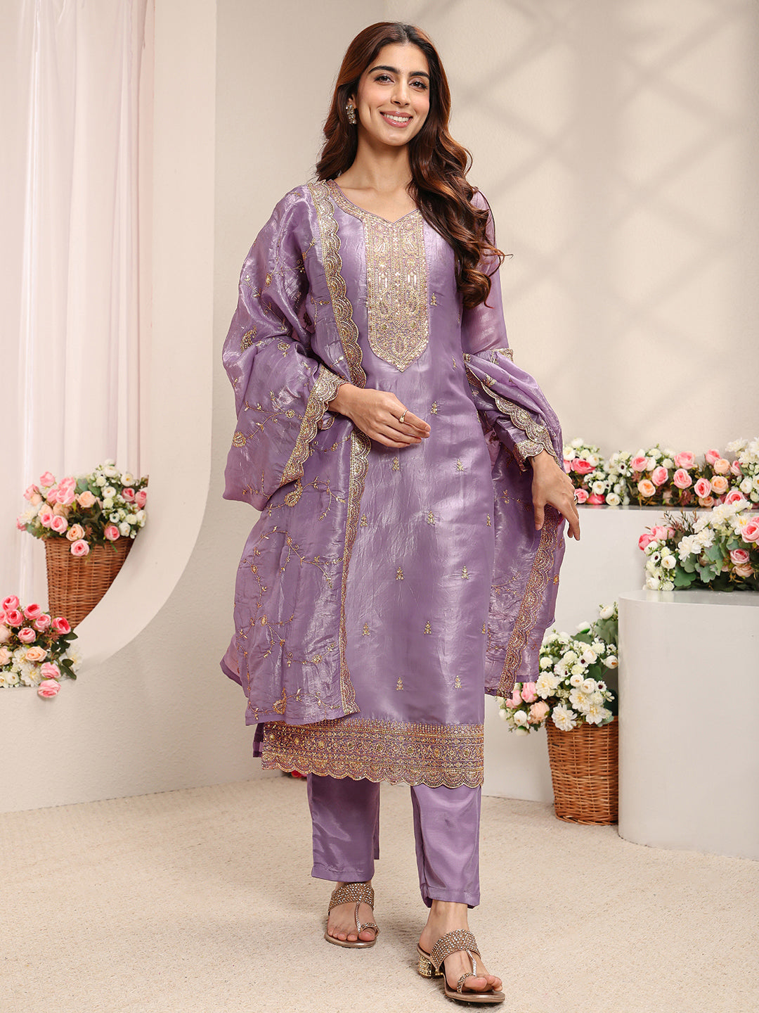  Lavender Ethnic Embroidered Organza Straight Suit Set With Dupatta 