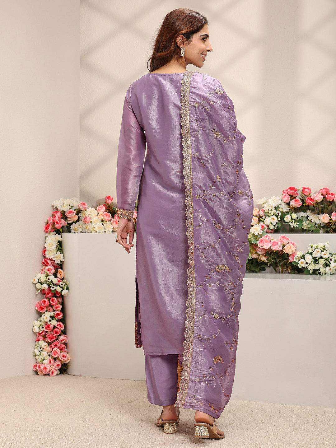  Lavender Ethnic Embroidered Organza Straight Suit Set With Dupatta 