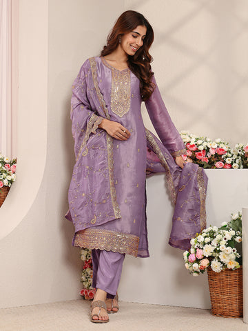 Lavender Ethnic Embroidered Organza Straight Suit Set With Dupatta