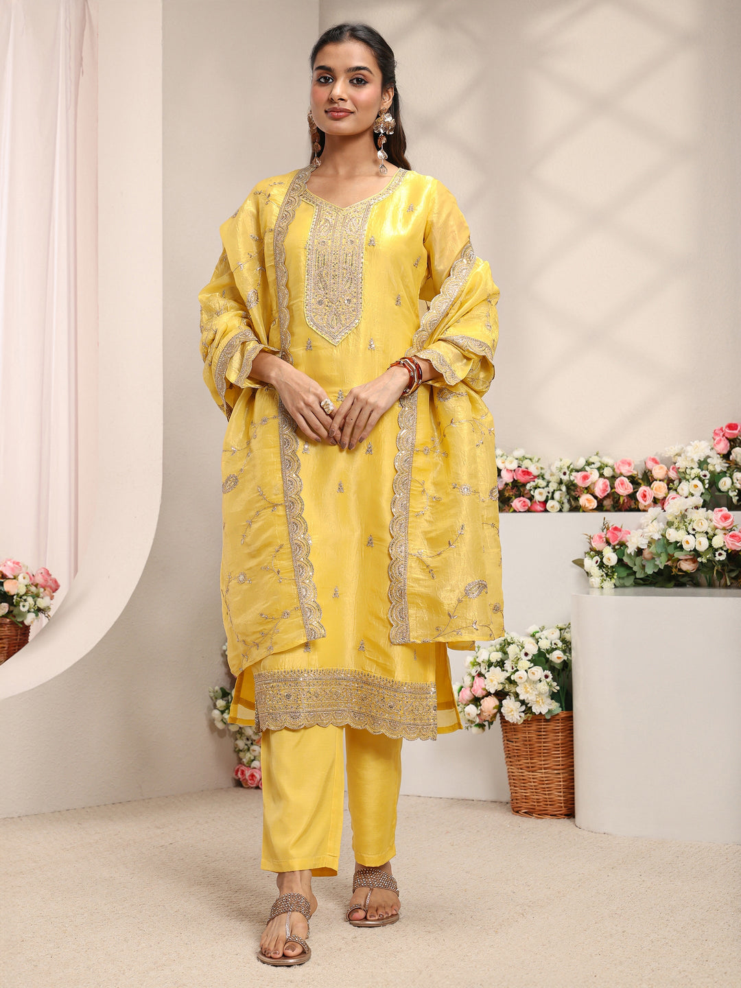  Yellow Embellished Organza Straight Suit Set With Dupatta 