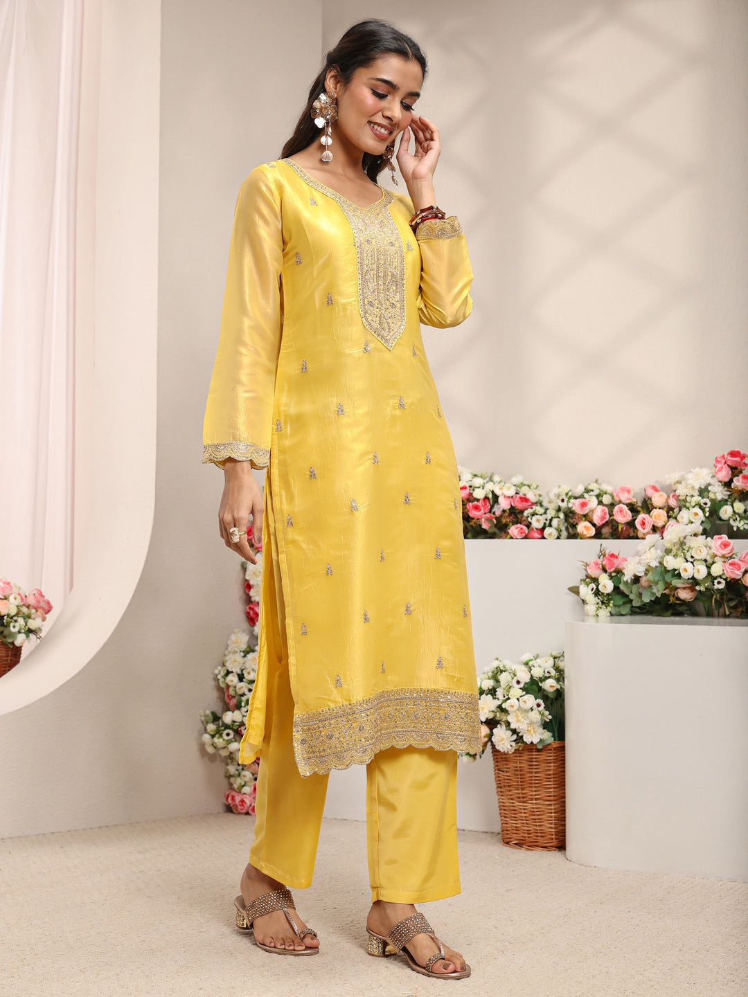  Yellow Embellished Organza Straight Suit Set With Dupatta 