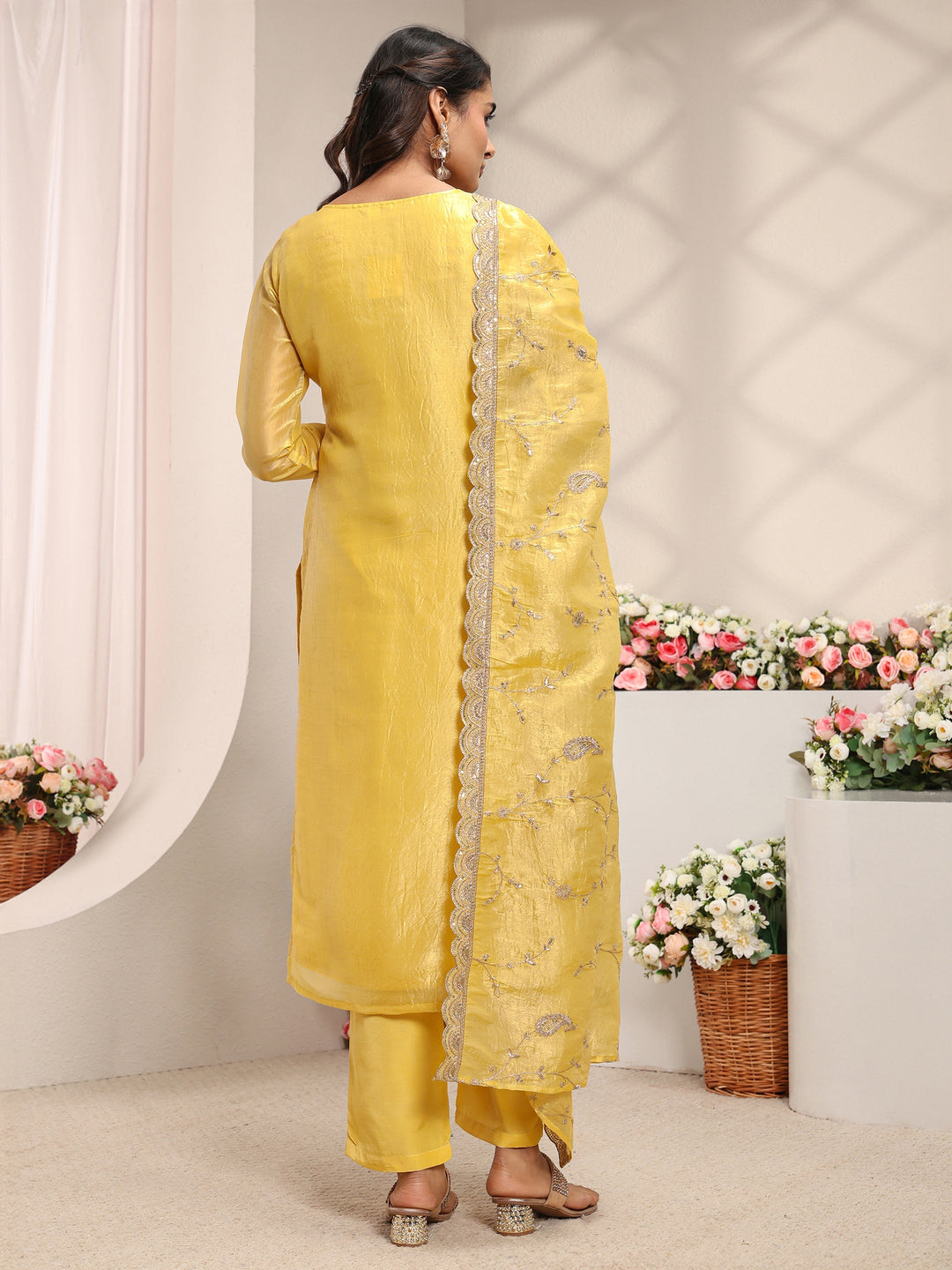  Yellow Embellished Organza Straight Suit Set With Dupatta 