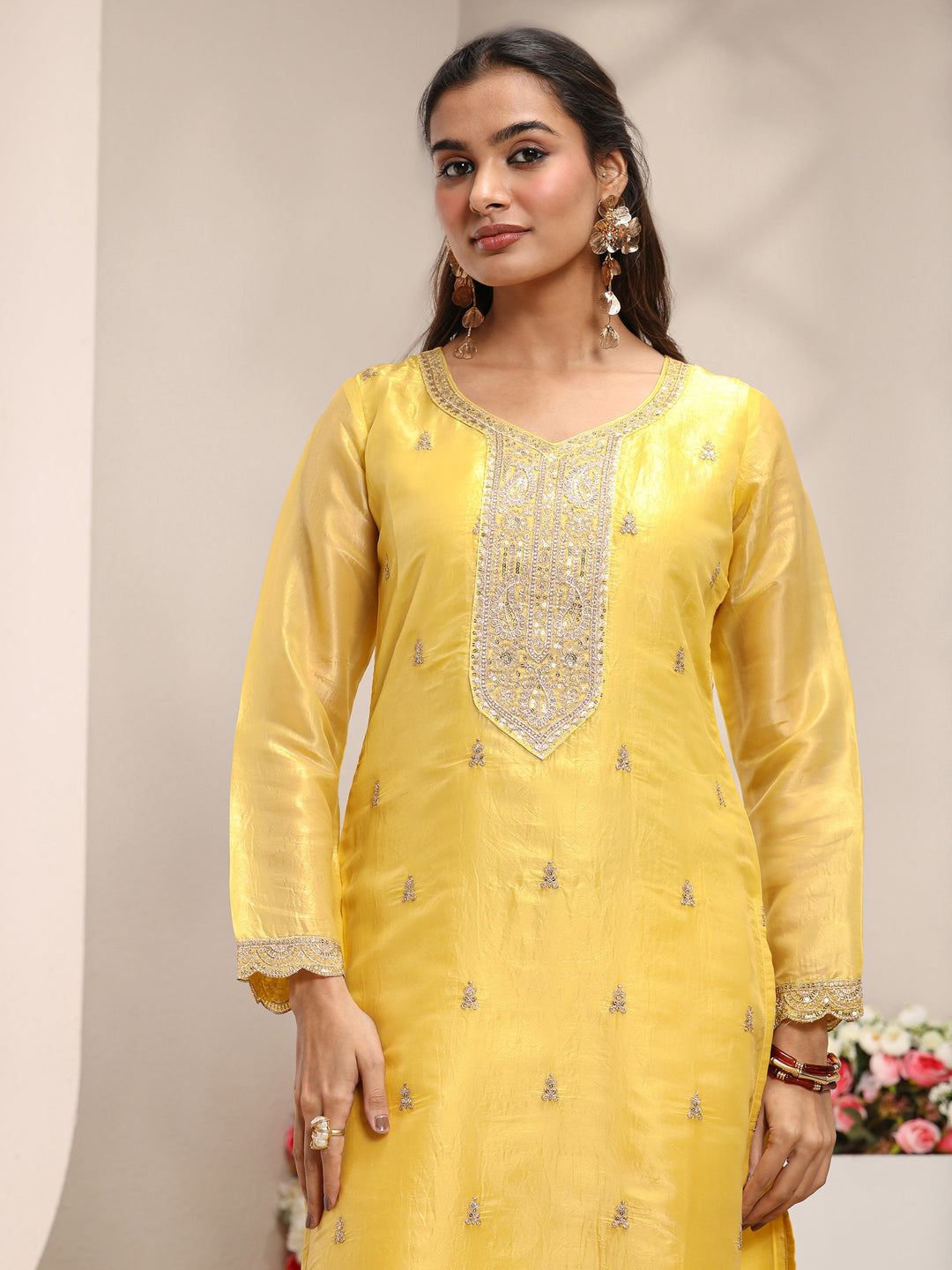  Yellow Embellished Organza Straight Suit Set With Dupatta 