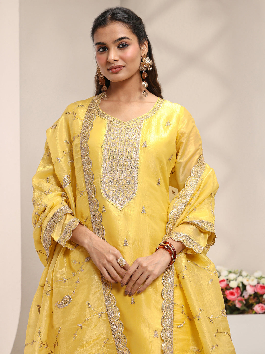 Yellow Embellished Organza Straight Suit Set With Dupatta 