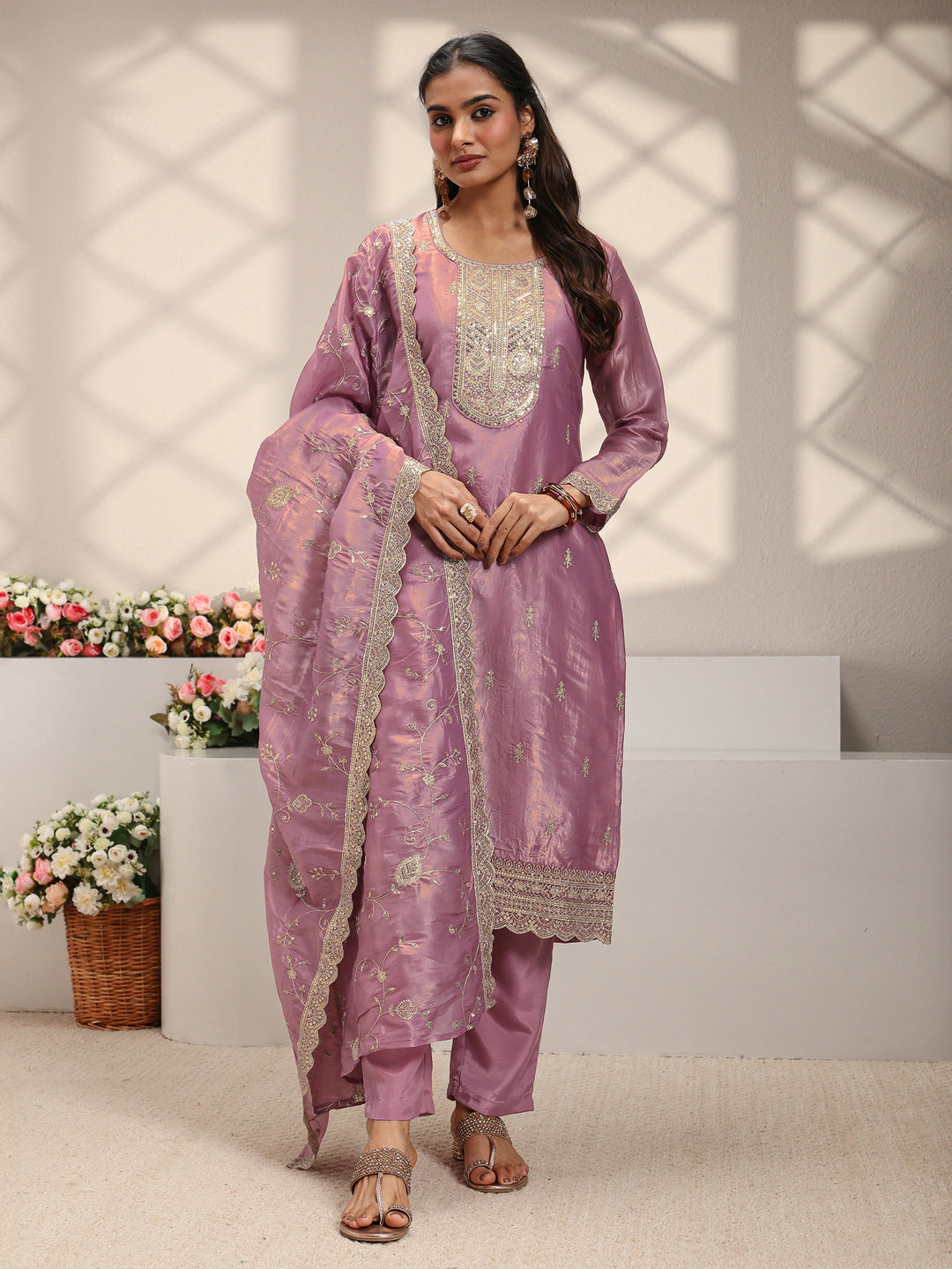  Mauve Embellished Organza Straight Suit Set With Dupatta 