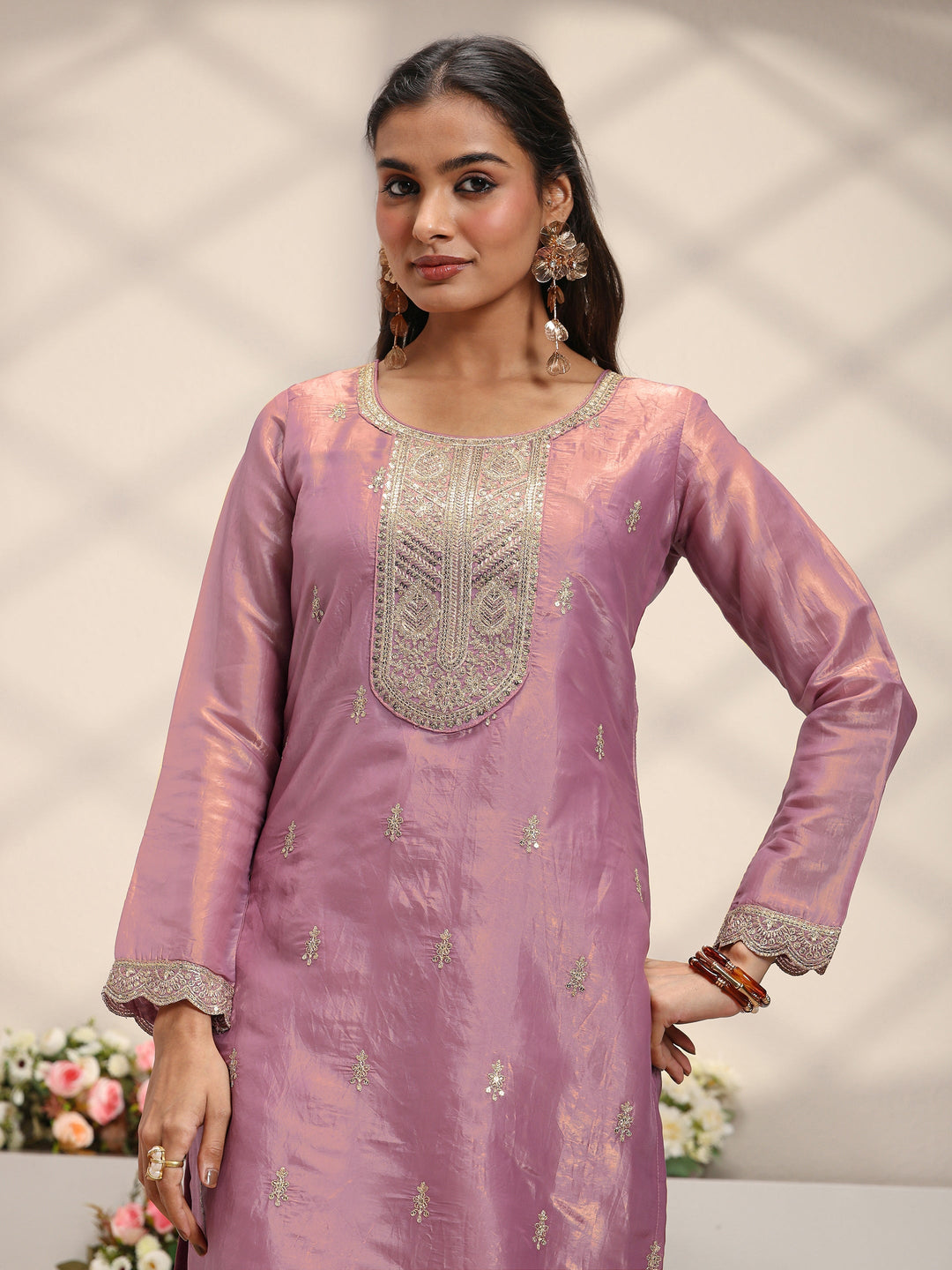  Mauve Embellished Organza Straight Suit Set With Dupatta 