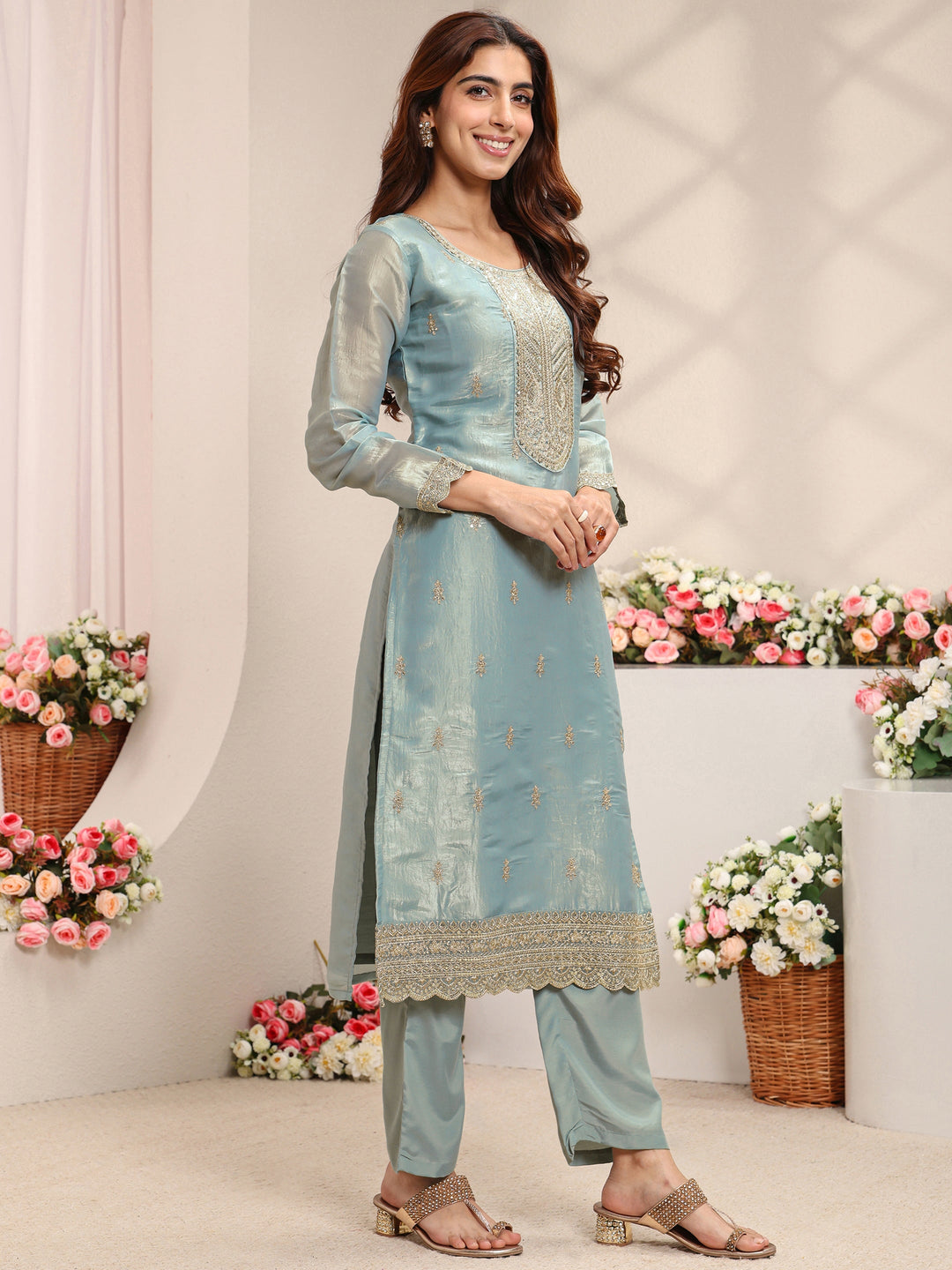  Blue Embellished Organza Straight Suit Set With Dupatta 