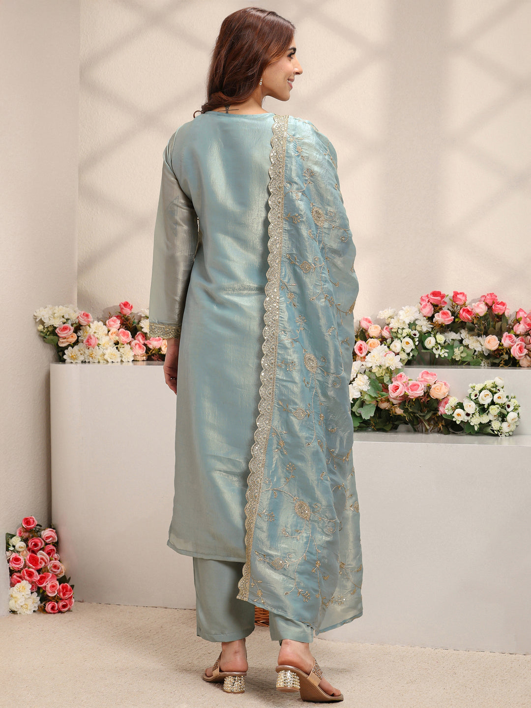  Blue Embellished Organza Straight Suit Set With Dupatta 