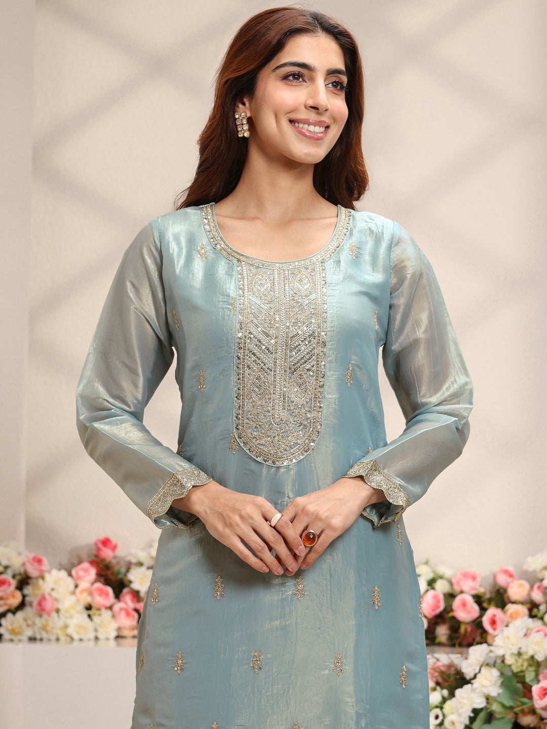  Blue Embellished Organza Straight Suit Set With Dupatta 