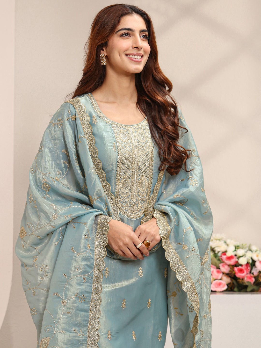  Blue Embellished Organza Straight Suit Set With Dupatta 