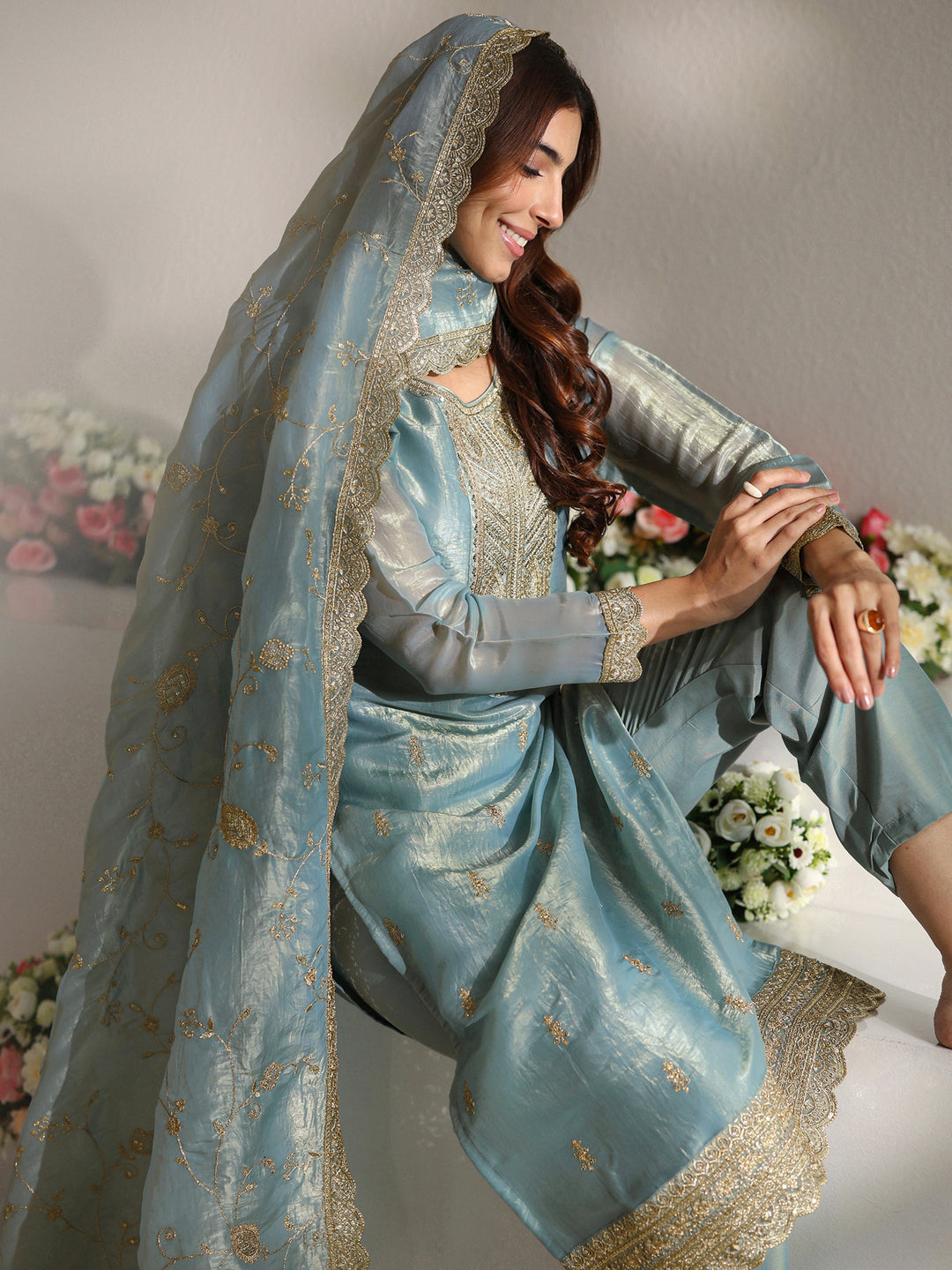  Blue Embellished Organza Straight Suit Set With Dupatta 