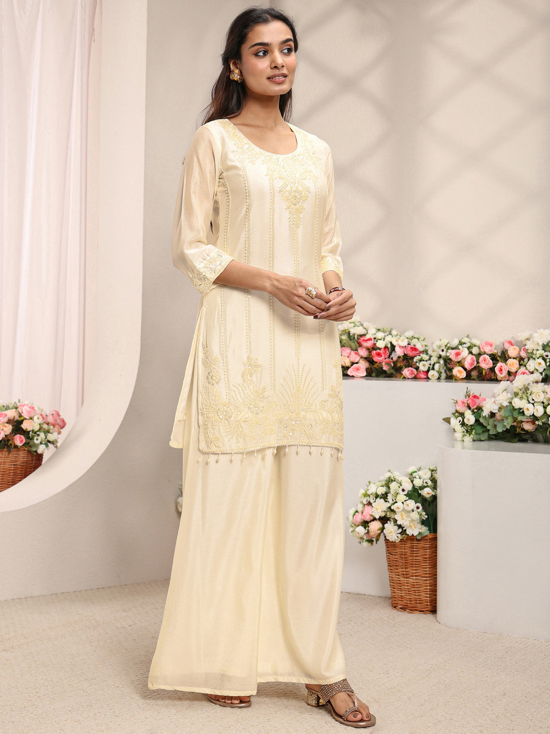  Off White Embellished Chinon Straight Suit Set With Dupatta 