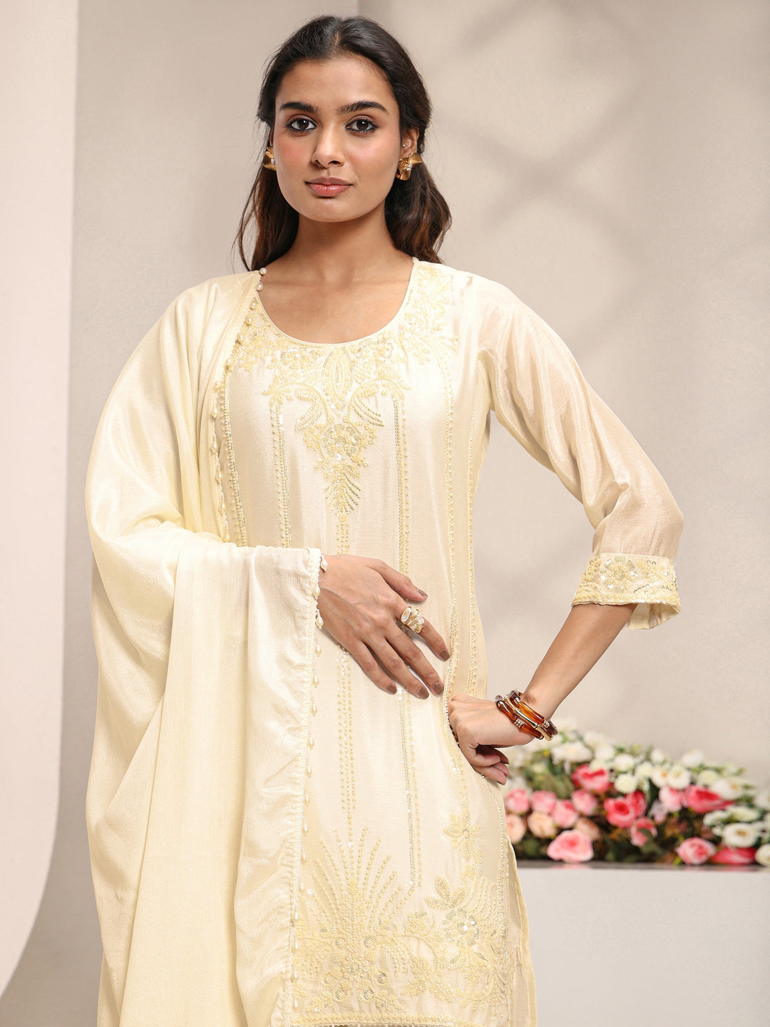  Off White Embellished Chinon Straight Suit Set With Dupatta 