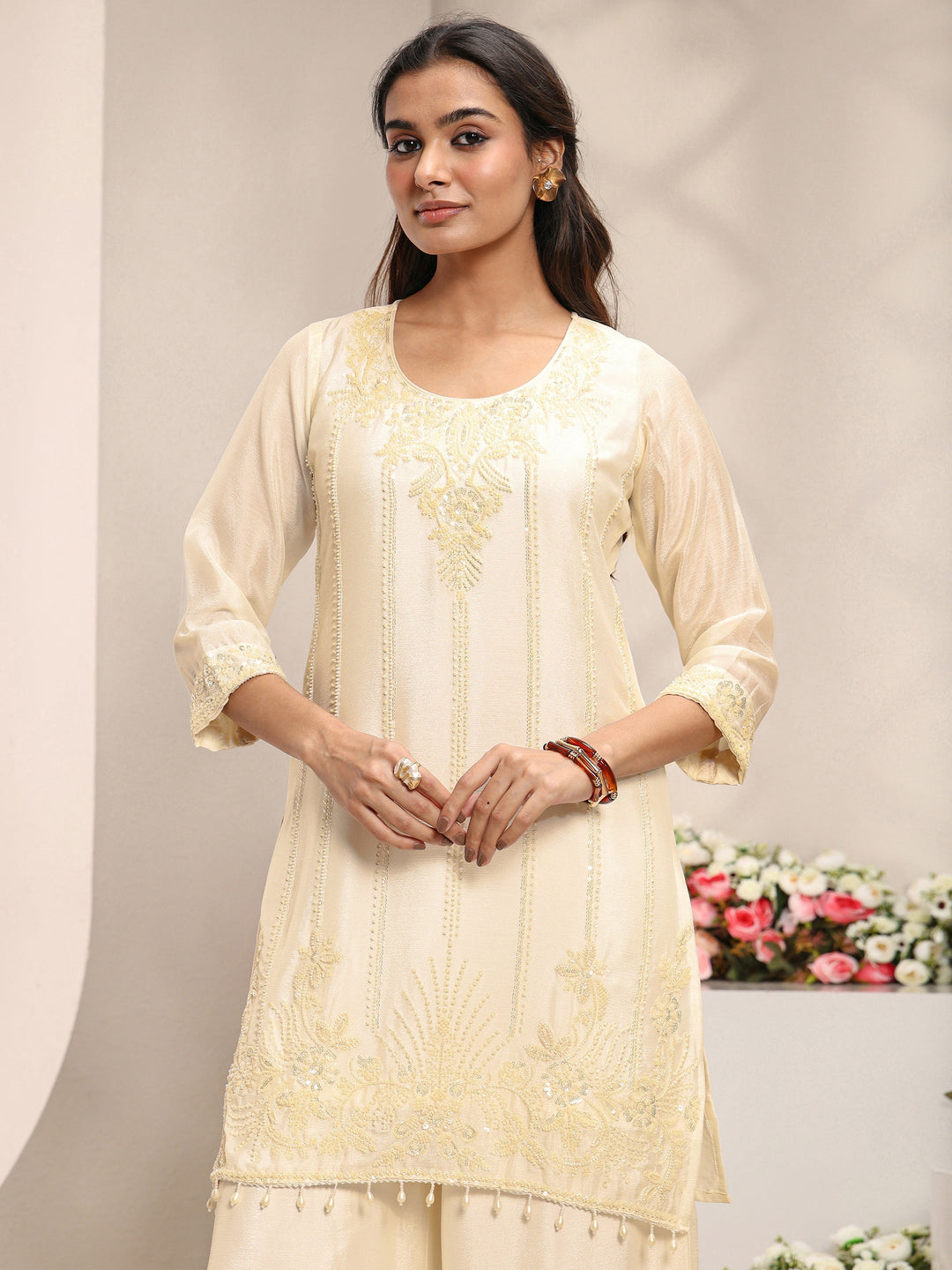  Off White Embellished Chinon Straight Suit Set With Dupatta 