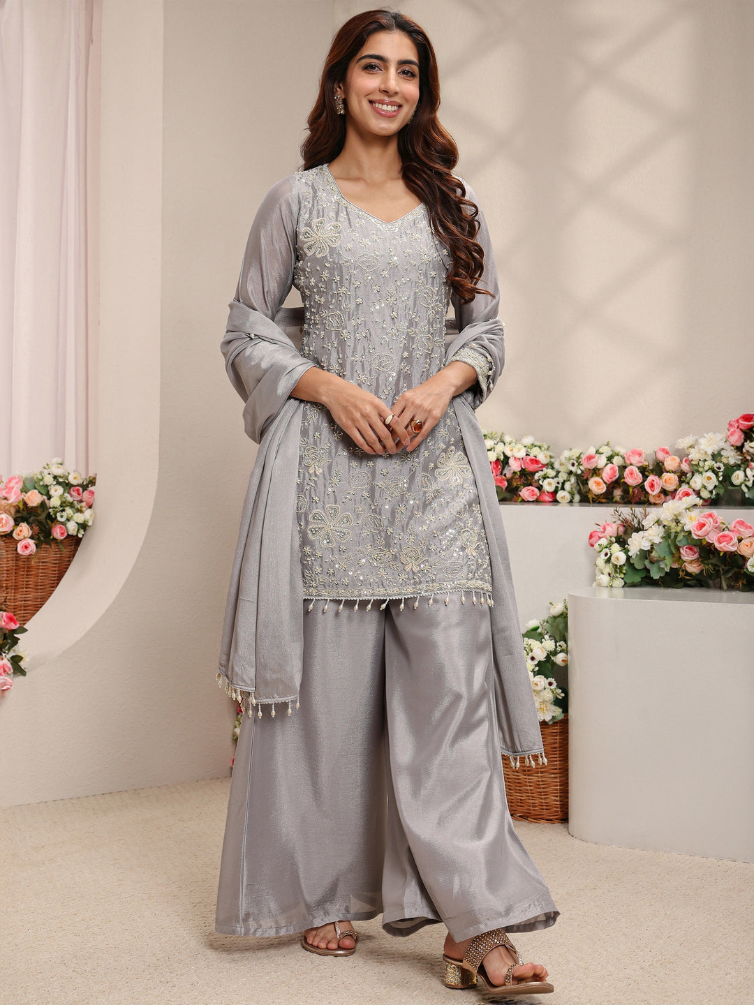  Grey Embellished Chinon Straight Suit Set With Dupatta 