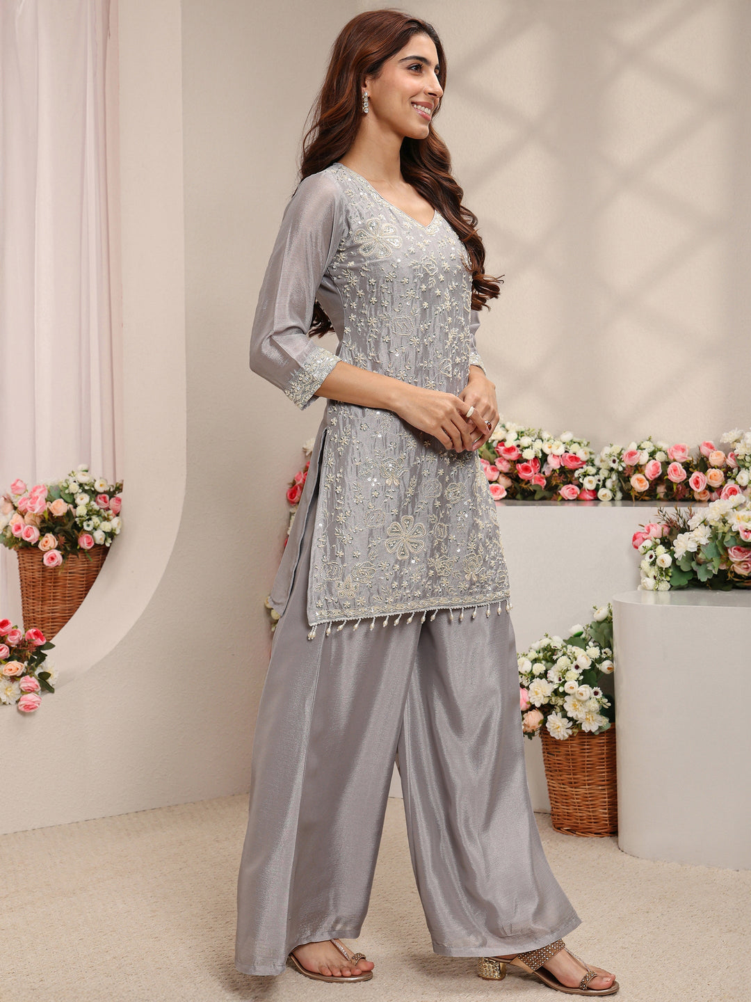  Grey Embellished Chinon Straight Suit Set With Dupatta 