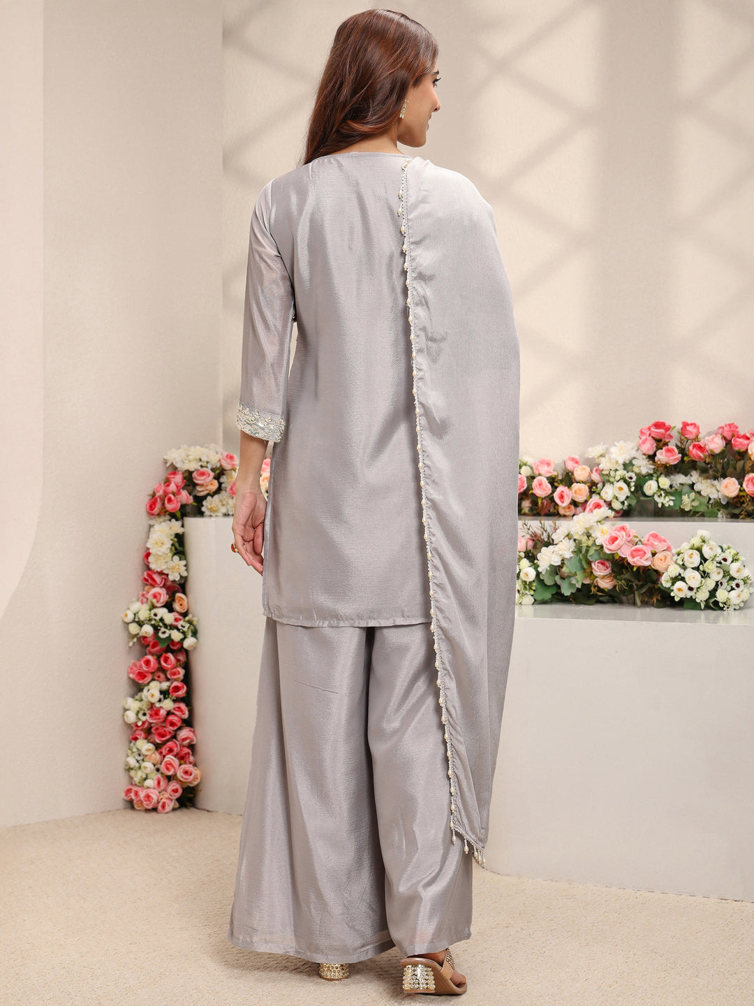 Grey Embellished Chinon Straight Suit Set With Dupatta 