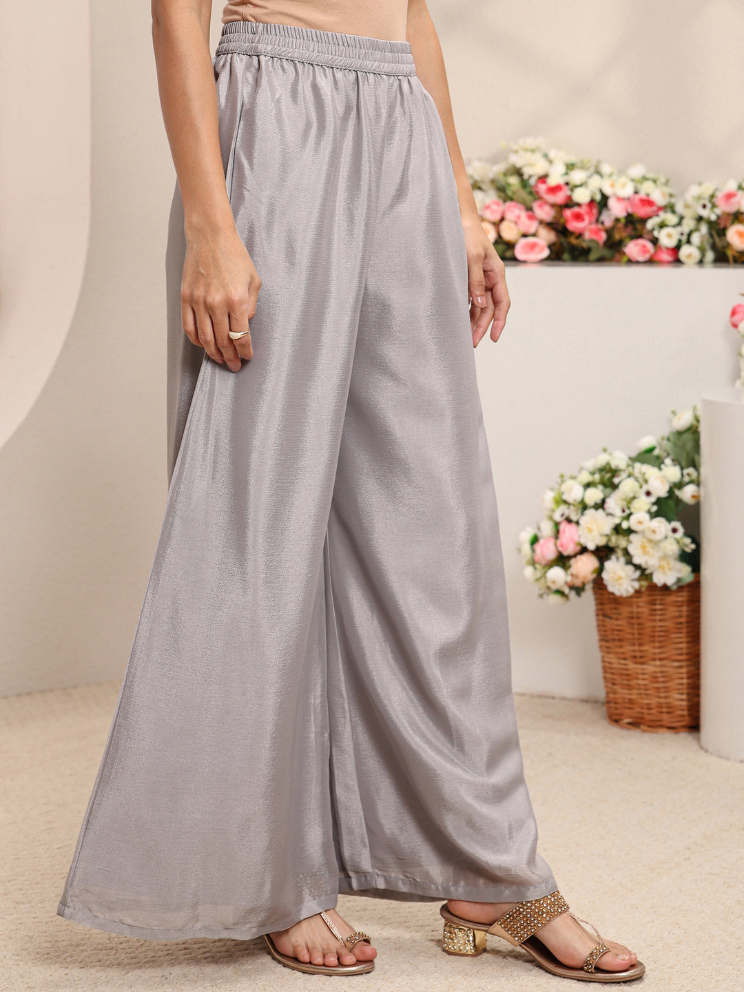  Grey Embellished Chinon Straight Suit Set With Dupatta 