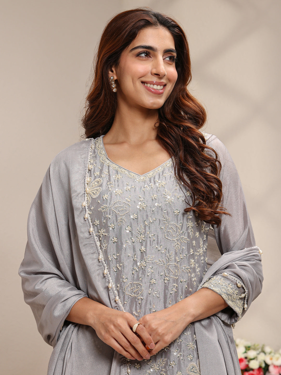  Grey Embellished Chinon Straight Suit Set With Dupatta 