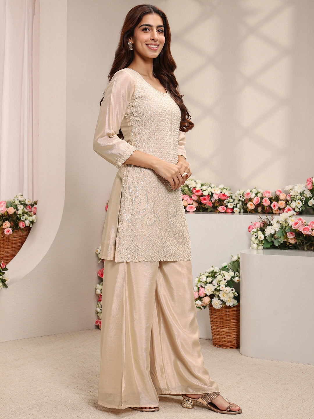 Beige Embellished Chinon Straight Suit Set With Dupatta 